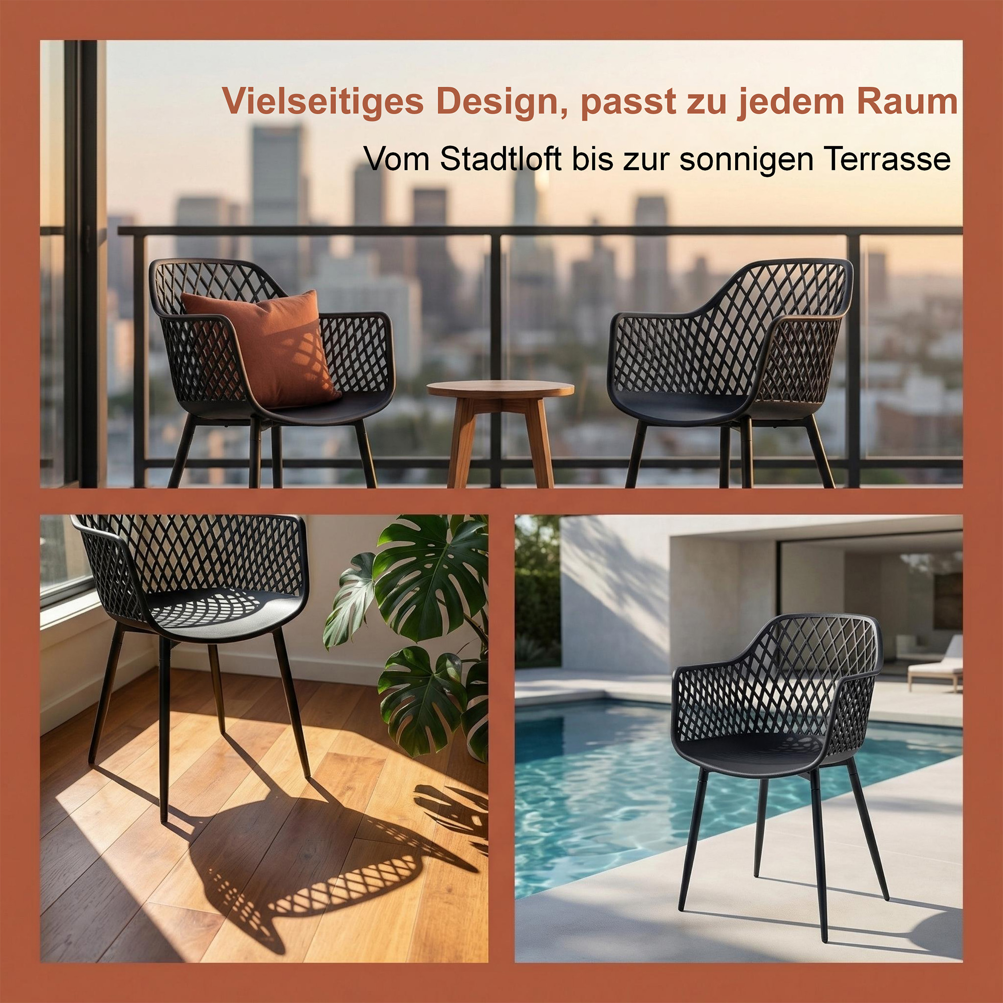 4er-Set Outdoor Design-Gartenstühle LYKKVØ – Wetterbeständig mit geometrischer Rückenlehne & Armlehnen