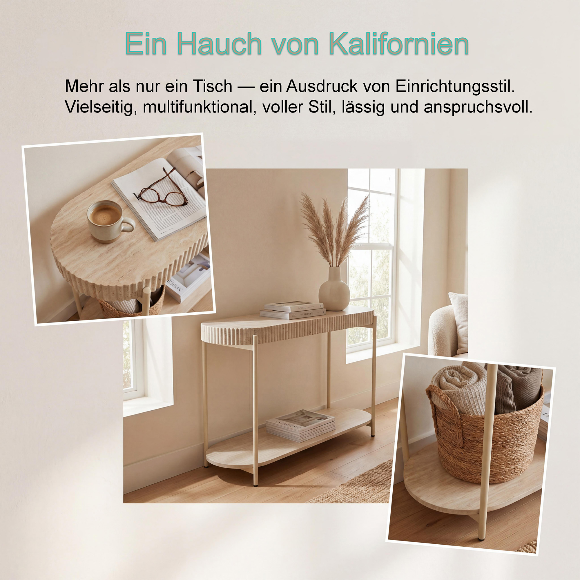 LYKKVØ Design-Konsoltisch in Travertin-Optik – 2-stufiger ovaler Wandtisch in Cremeweiß