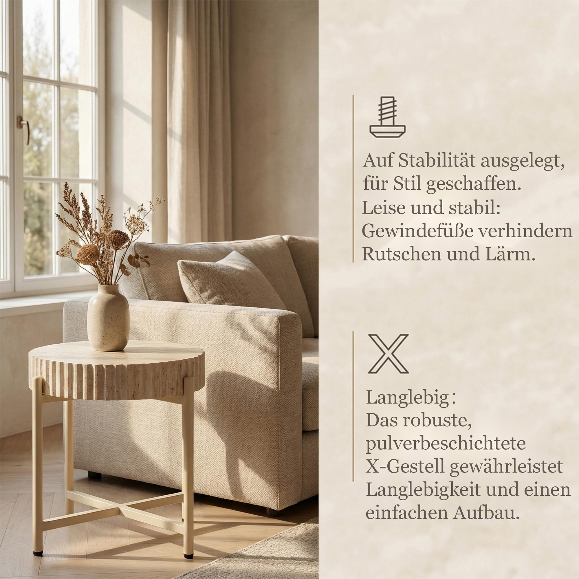 LYKKVØ Design-Couchtisch-Set (2er Set) – Travertin-Optik & Minimalistischer Metallrahmen in Beige