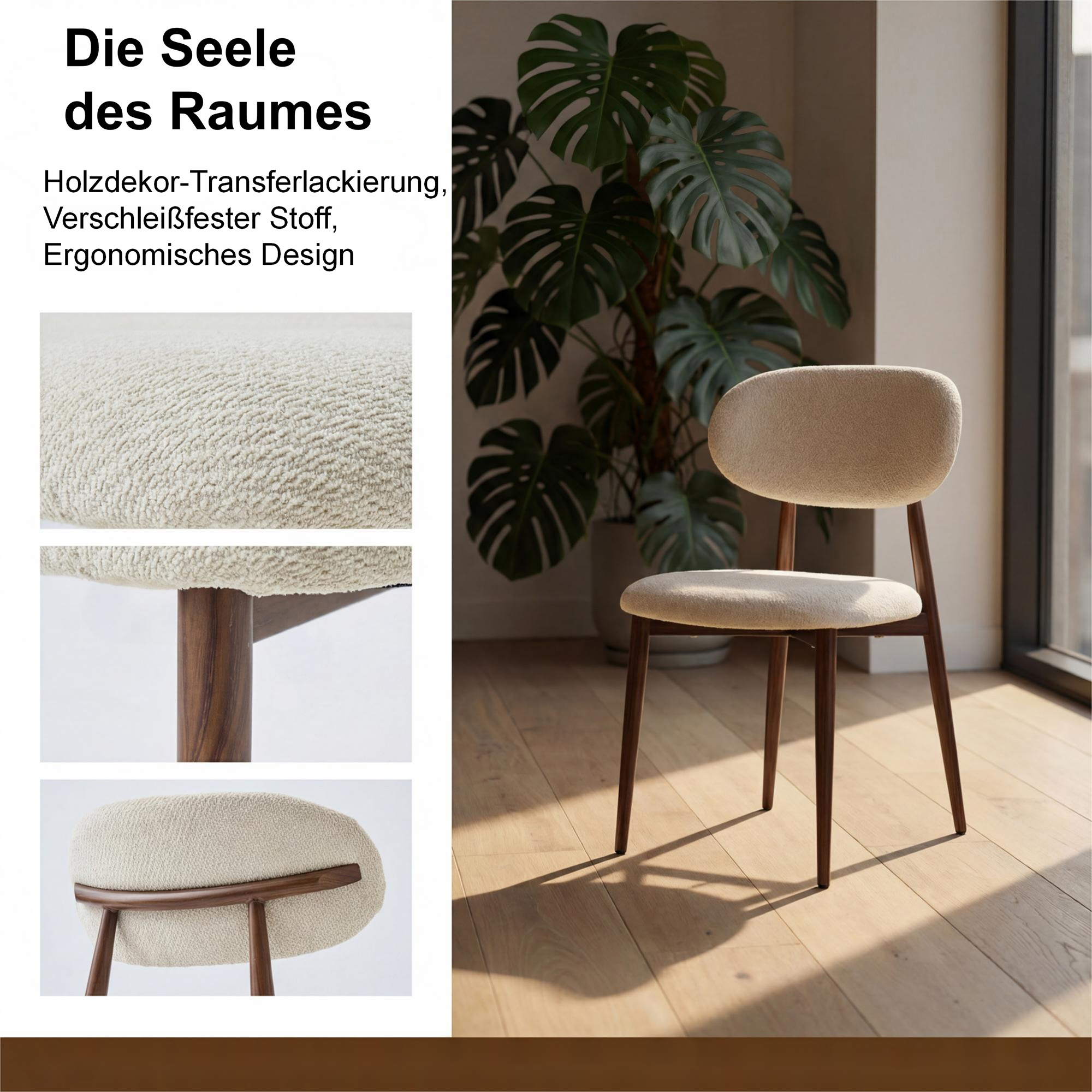 LYKKVØ Design-Polsterstuhl Set (2 Stück) – Ergonomischer Komfort in Beige mit Walnuss-Optik