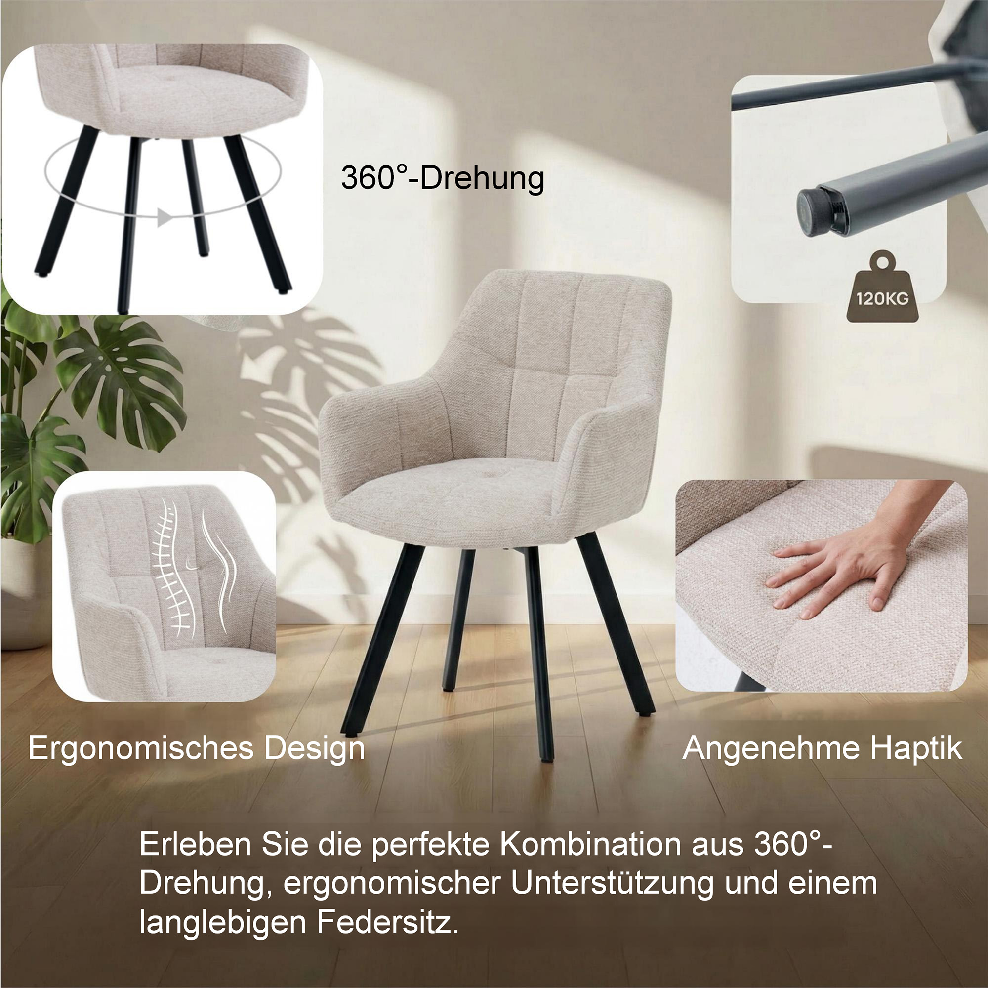 Polsterstuhl 360° drehbar mit Rückstellfunktion, Wohnzimmerstuhl, Küchenstuhl