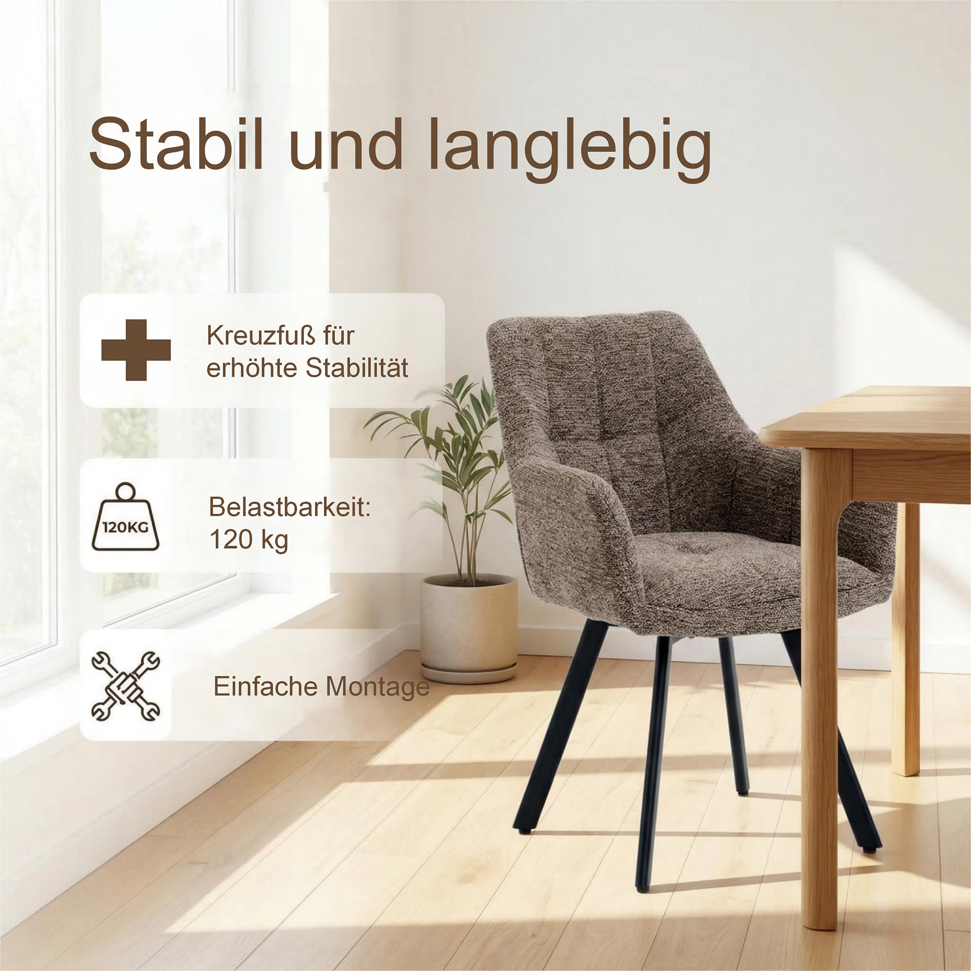 Polsterstuhl 360° drehbar mit Rückstellfunktion, Wohnzimmerstuhl, Küchenstuhl
