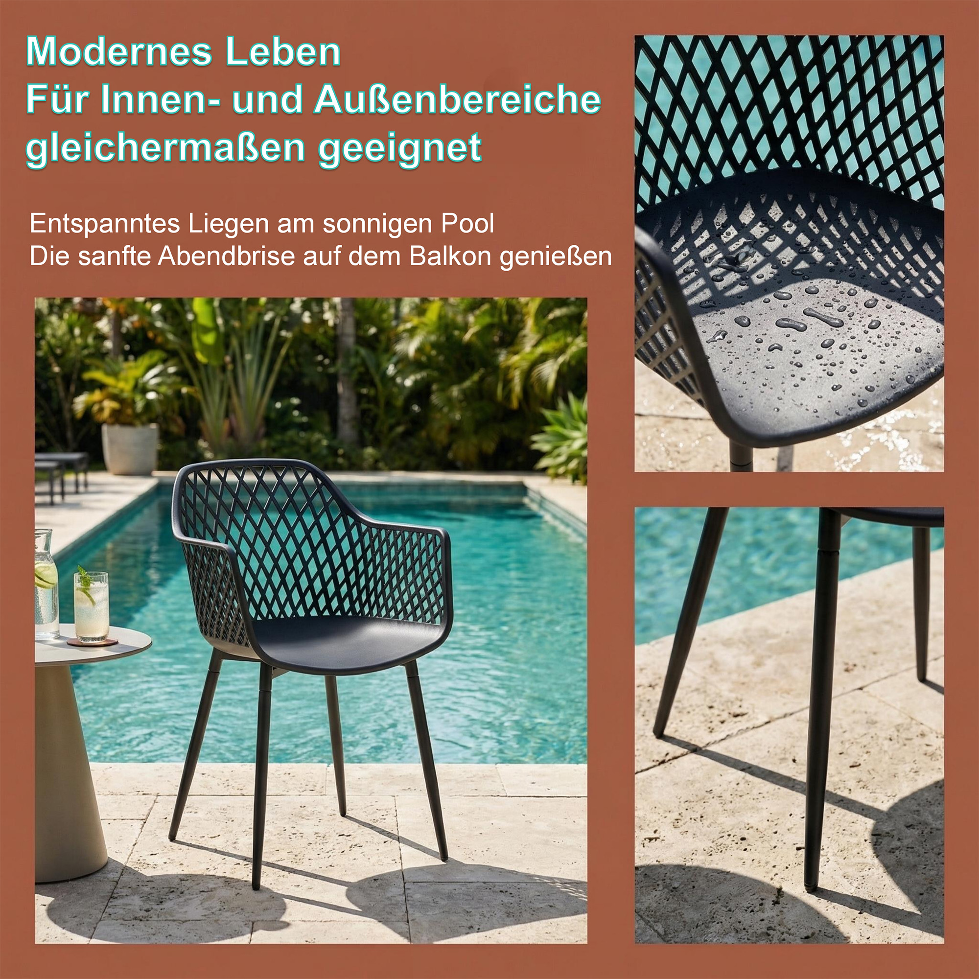 4er-Set Outdoor Design-Gartenstühle LYKKVØ – Wetterbeständig mit geometrischer Rückenlehne & Armlehnen