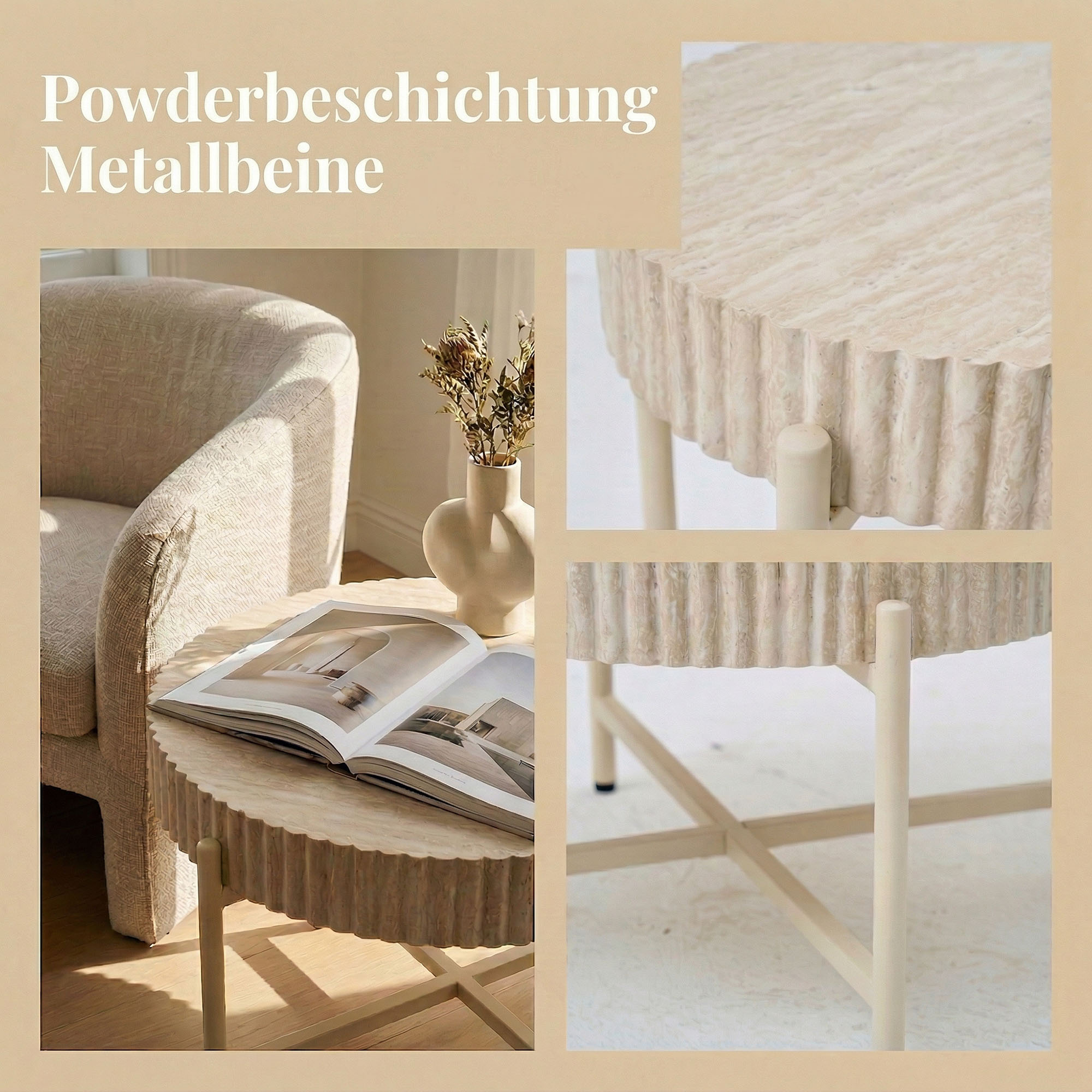 LYKKVØ Design-Couchtisch-Set (2er Set) – Travertin-Optik & Minimalistischer Metallrahmen in Beige