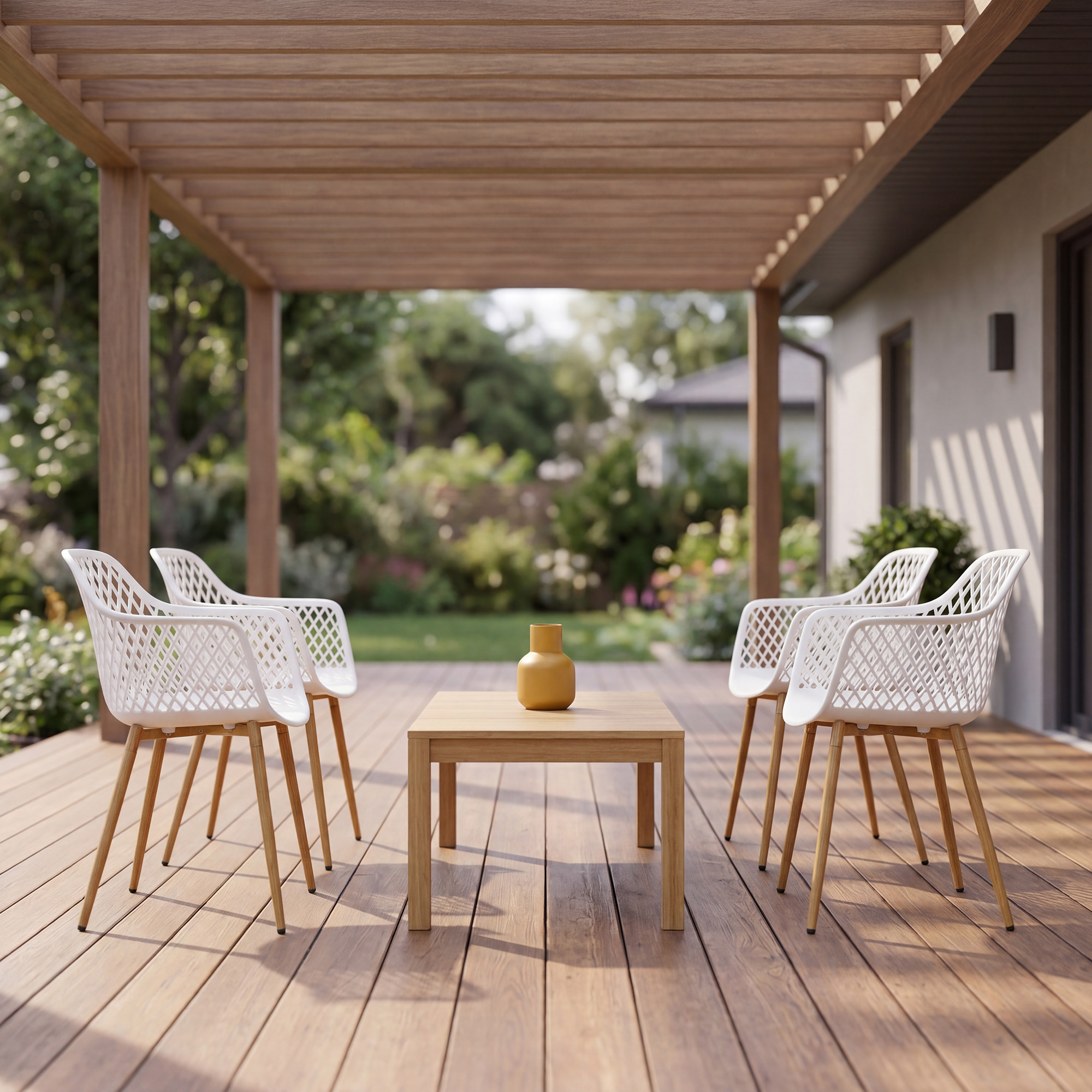 4er-Set Outdoor Design-Gartenstühle LYKKVØ – Wetterbeständig mit geometrischer Rückenlehne & Armlehnen