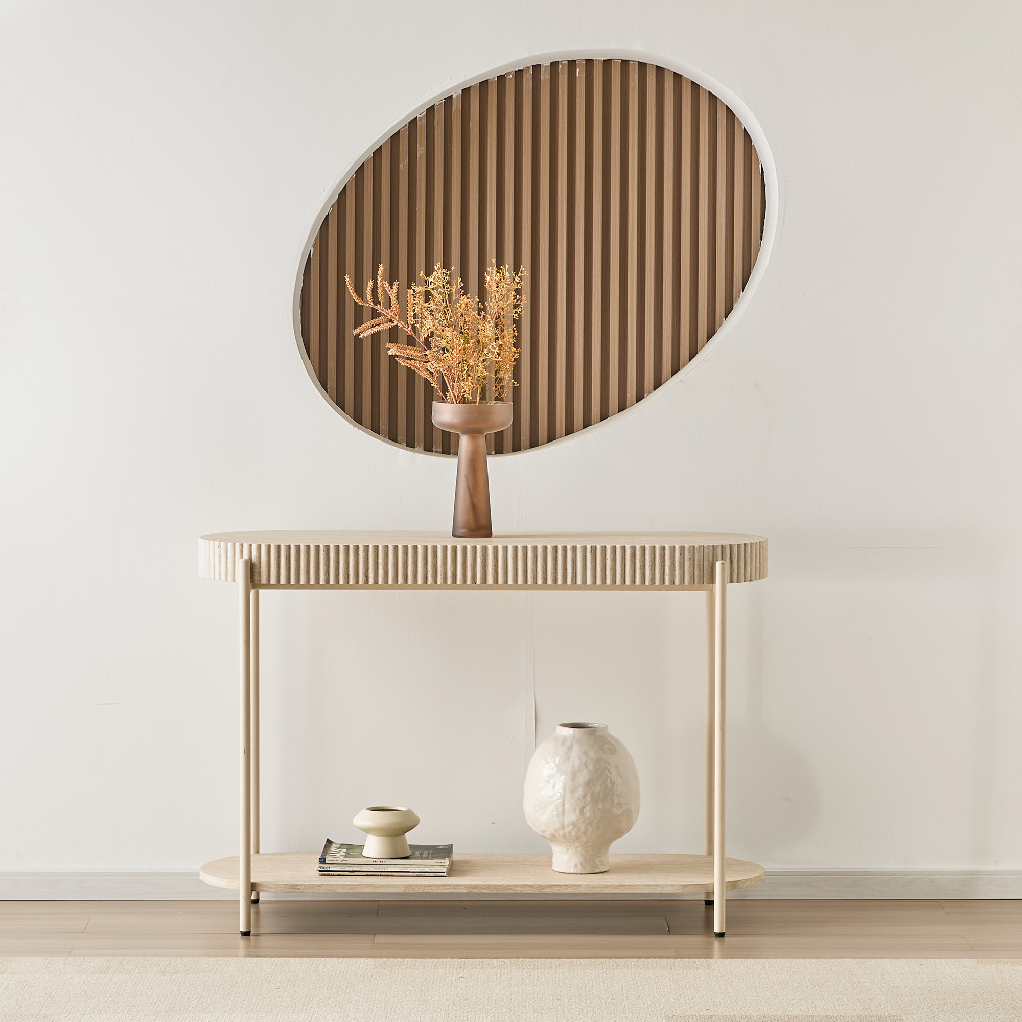 LYKKVØ Design-Konsoltisch in Travertin-Optik – 2-stufiger ovaler Wandtisch in Cremeweiß
