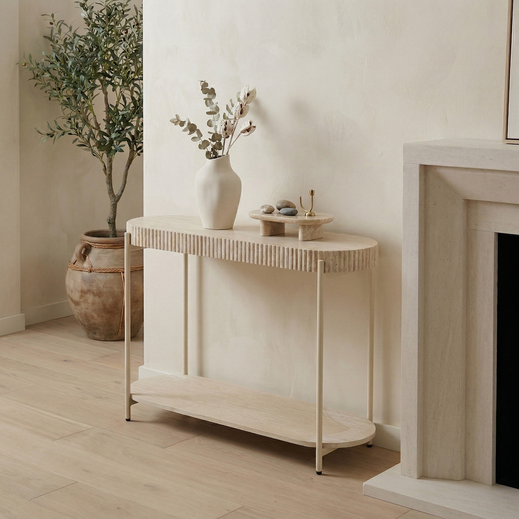 LYKKVØ Design-Konsoltisch in Travertin-Optik – 2-stufiger ovaler Wandtisch in Cremeweiß