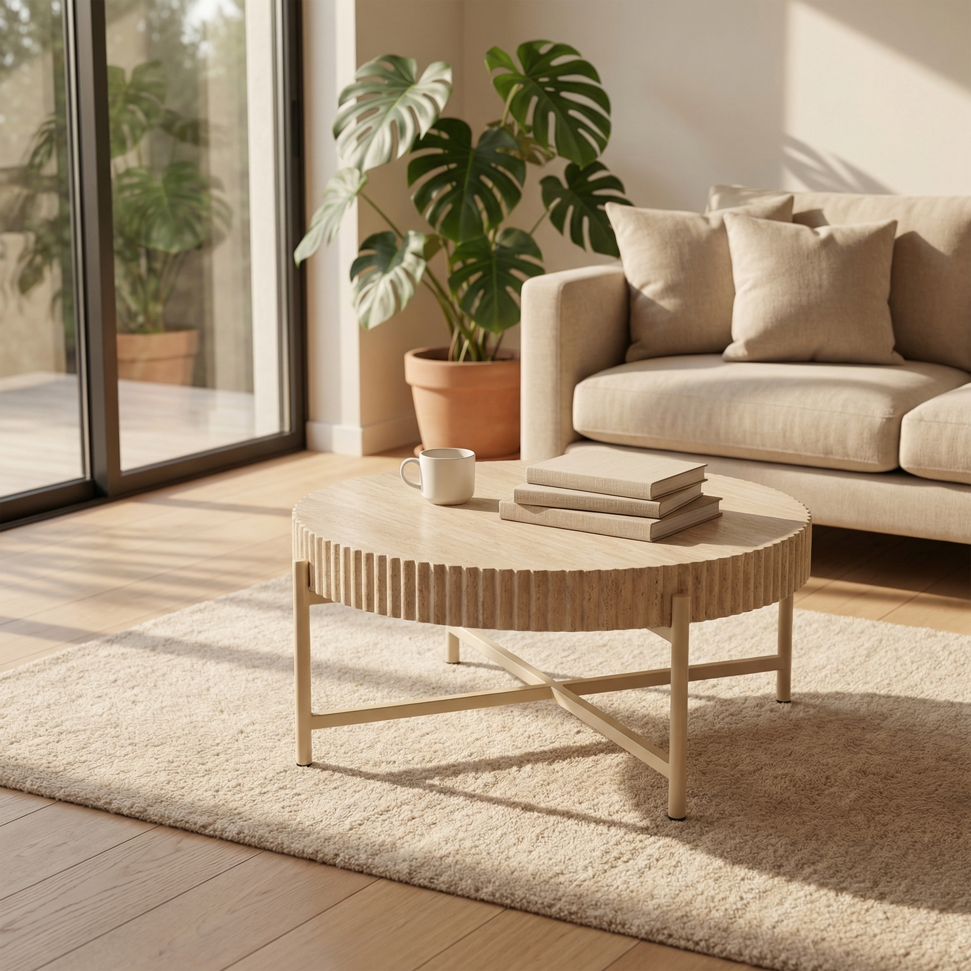 LYKKVØ Design-Couchtisch-Set (2er Set) – Travertin-Optik & Minimalistischer Metallrahmen in Beige