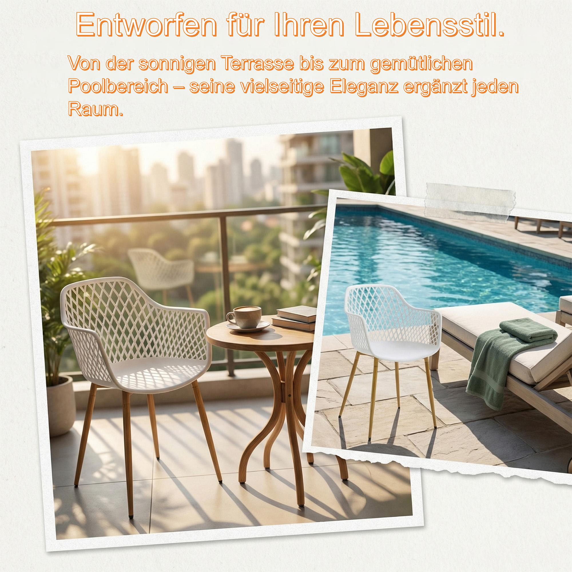 4er-Set Outdoor Design-Gartenstühle LYKKVØ – Wetterbeständig mit geometrischer Rückenlehne & Armlehnen