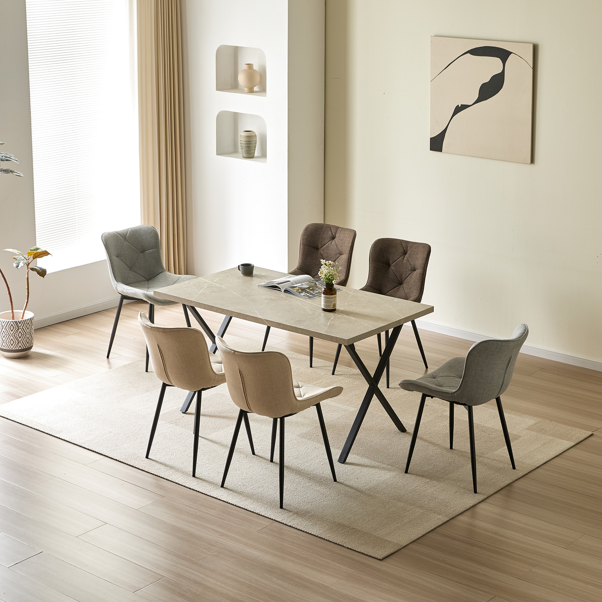 4er-Set Design-Esszimmerstühle LYKKVØ – Elegante Rautensteppung & Ergonomischer Komfort in Khaki