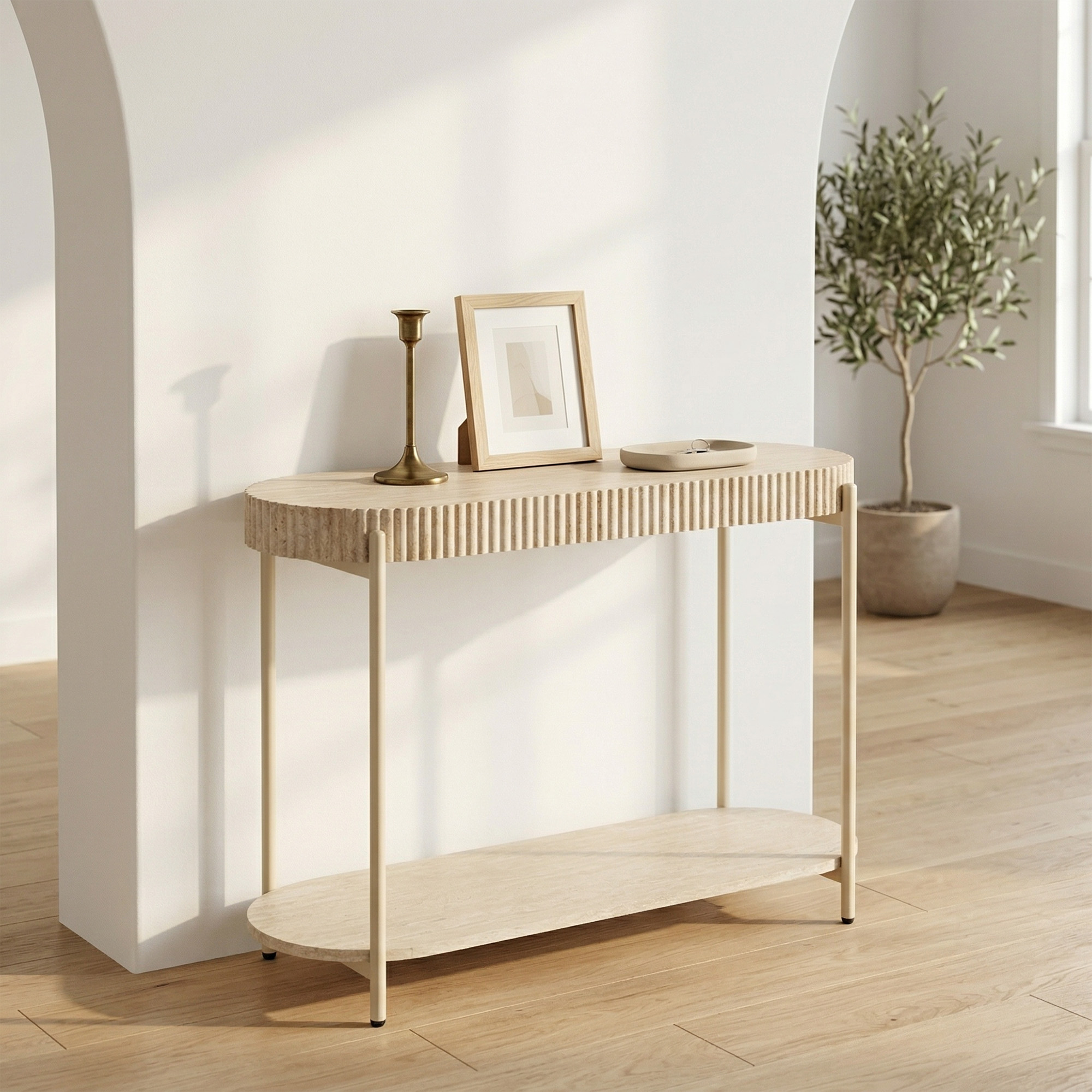 LYKKVØ Design-Konsoltisch in Travertin-Optik – 2-stufiger ovaler Wandtisch in Cremeweiß