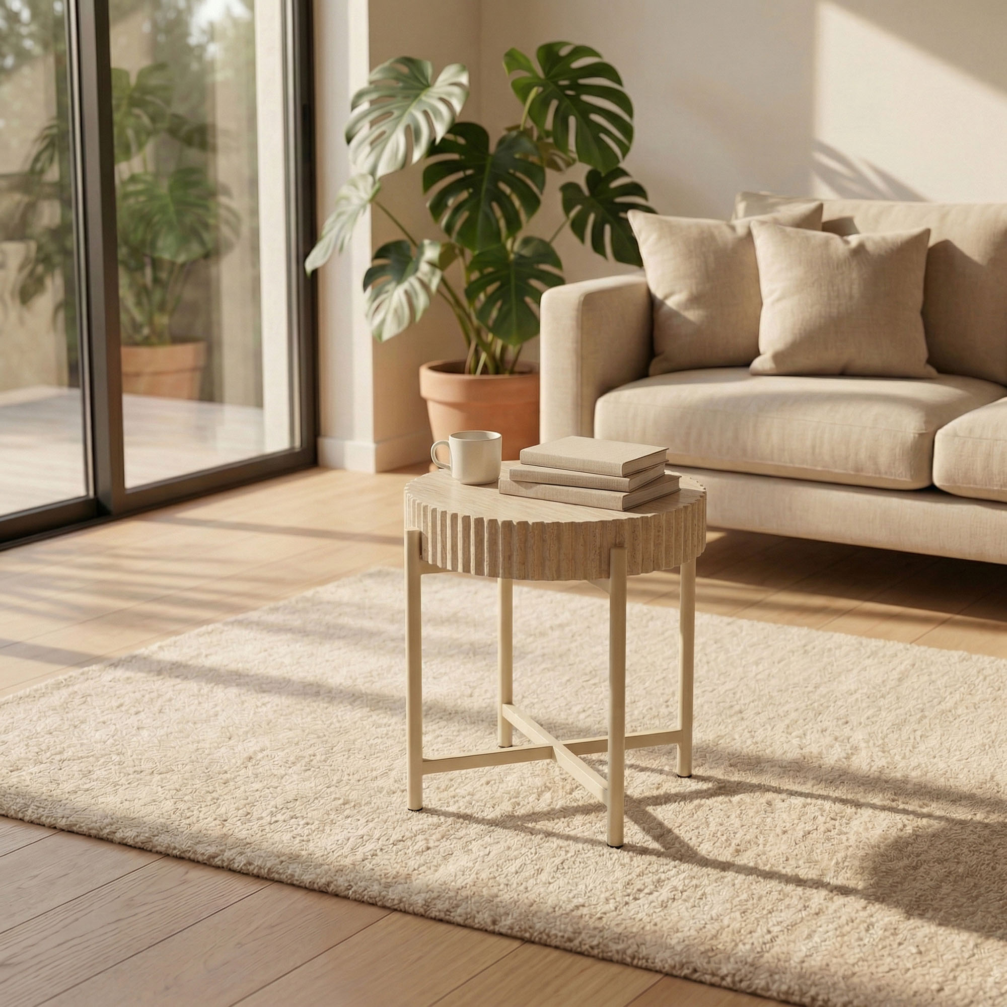 LYKKVØ Design-Couchtisch-Set (2er Set) – Travertin-Optik & Minimalistischer Metallrahmen in Beige