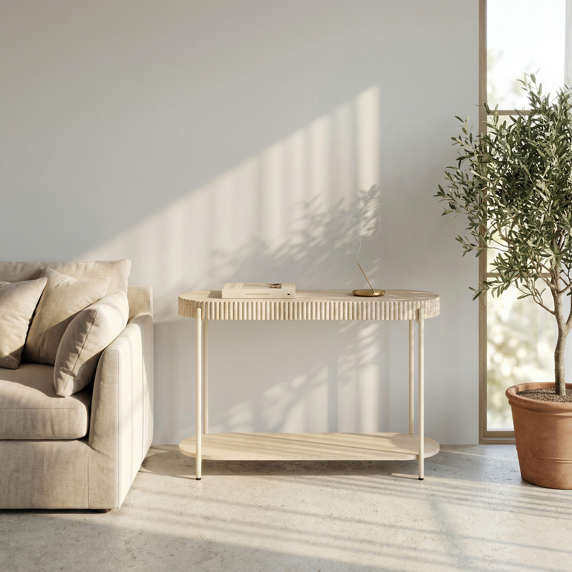 LYKKVØ Design-Konsoltisch in Travertin-Optik – 2-stufiger ovaler Wandtisch in Cremeweiß