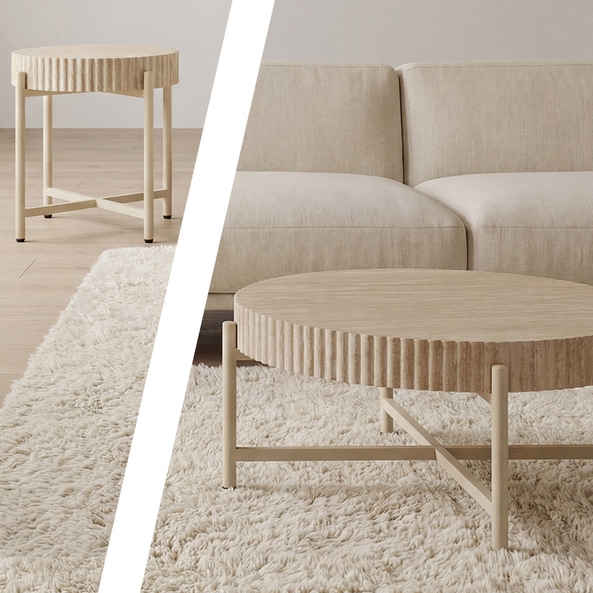 LYKKVØ Design-Couchtisch-Set (2er Set) – Travertin-Optik & Minimalistischer Metallrahmen in Beige
