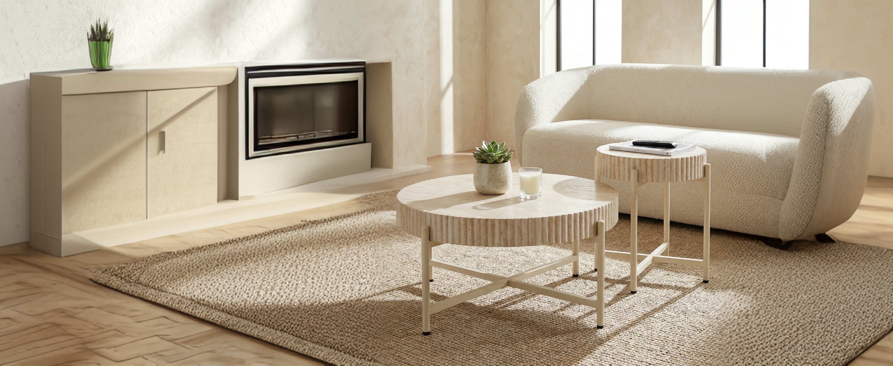 LYKKVØ Design-Couchtisch-Set (2er Set) – Travertin-Optik & Minimalistischer Metallrahmen in Beige