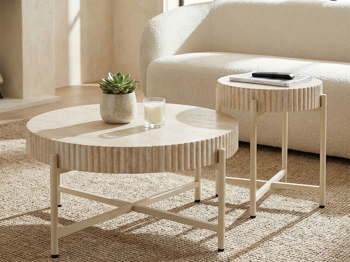 LYKKVØ Design-Couchtisch-Set (2er Set) – Travertin-Optik & Minimalistischer Metallrahmen in Beige