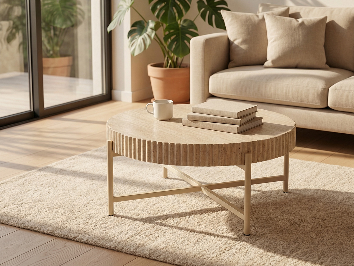 LYKKVØ Design-Couchtisch-Set (2er Set) – Travertin-Optik & Minimalistischer Metallrahmen in Beige