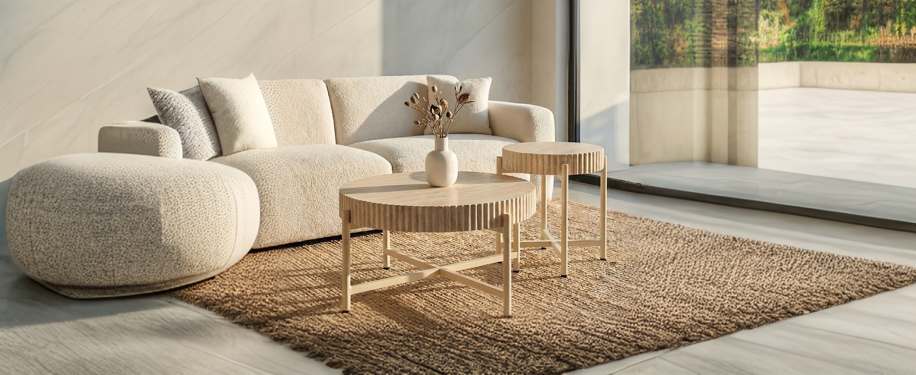 LYKKVØ Design-Couchtisch-Set (2er Set) – Travertin-Optik & Minimalistischer Metallrahmen in Beige