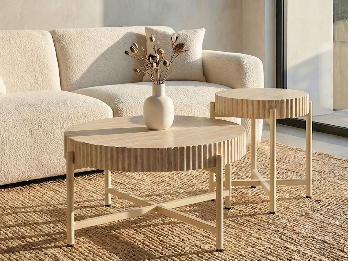 LYKKVØ Design-Couchtisch-Set (2er Set) – Travertin-Optik & Minimalistischer Metallrahmen in Beige