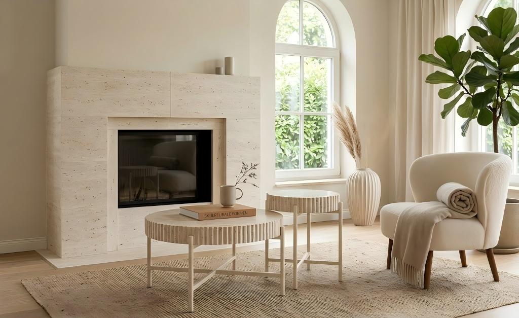 LYKKVØ „Tivoli — Alba“ Design-Couchtisch-Set (2er Set) | Elegante Travertin-Optik & Creme-Beige