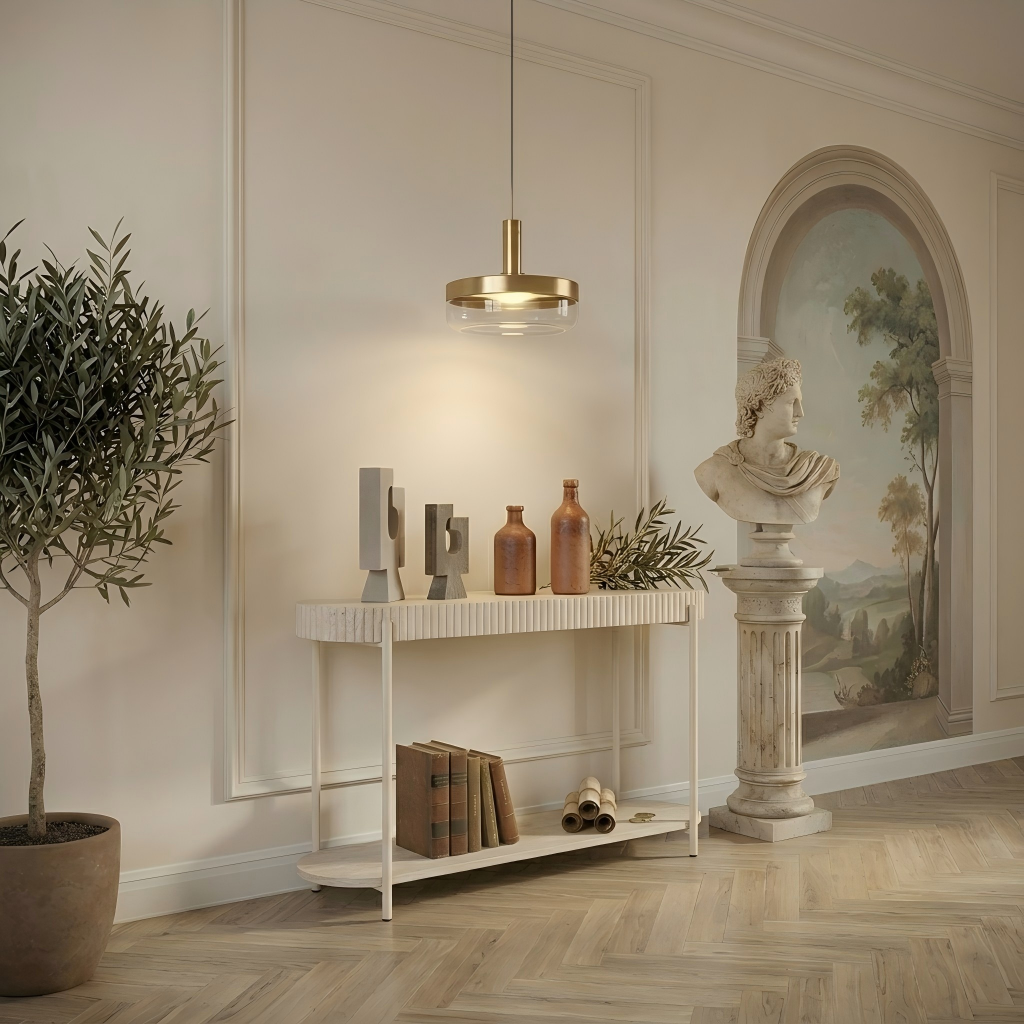 LYKKVØ „Tivoli“ Design-Konsolentisch in Travertin-Optik – Ovaler Wandtisch