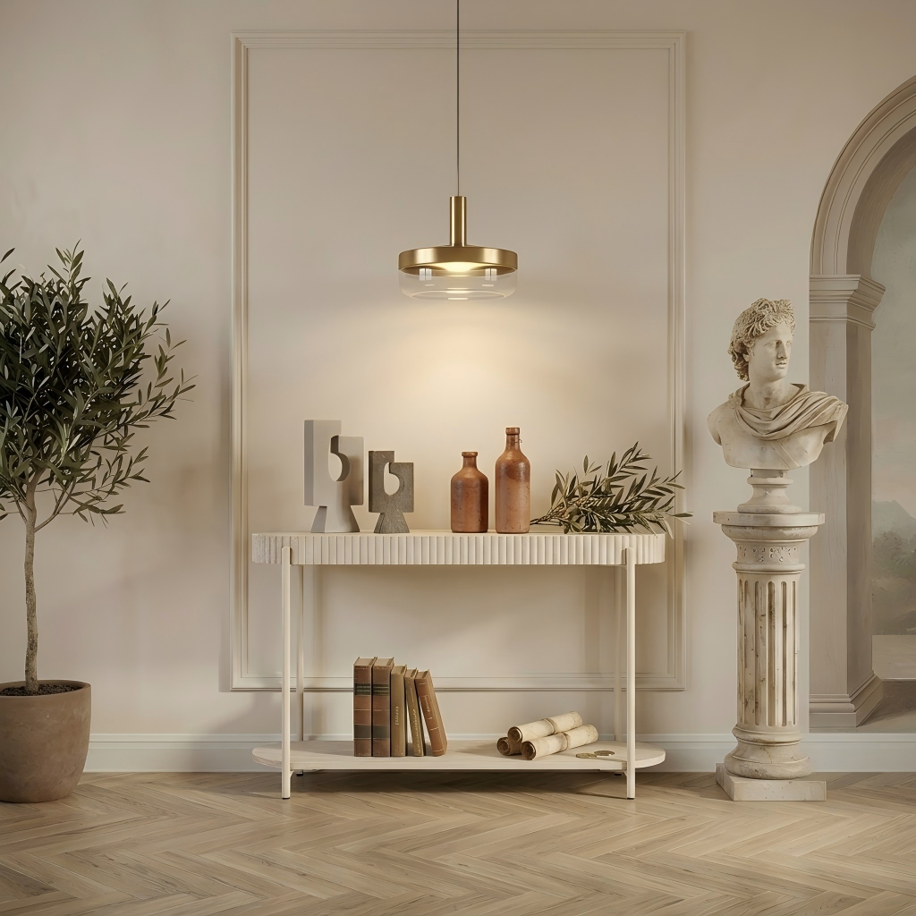 LYKKVØ „Tivoli“ Design-Konsolentisch in Travertin-Optik – Ovaler Wandtisch