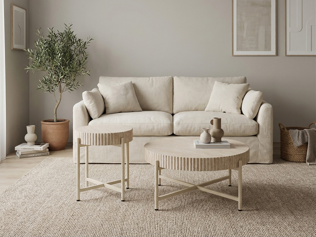 LYKKVØ Design-Couchtisch-Set (2er Set) – Travertin-Optik & Minimalistischer Metallrahmen in Beige