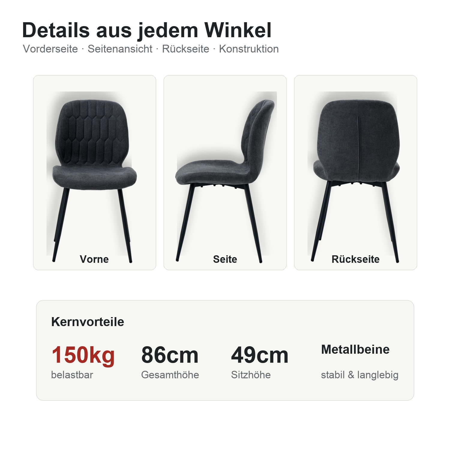 LYKKVO Finn Standardstuhl D Details aus Vorderseite Seitenansicht und Rueckseite