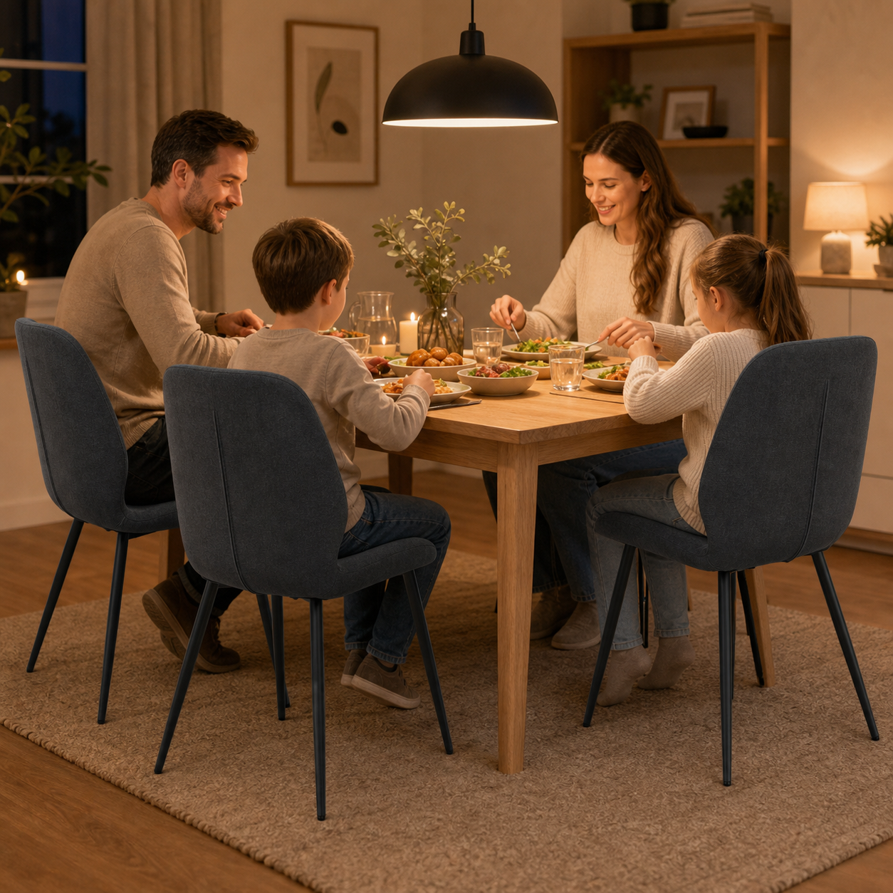 LYKKVO Finn Standardstuhl D beim warmen Familienabendessen