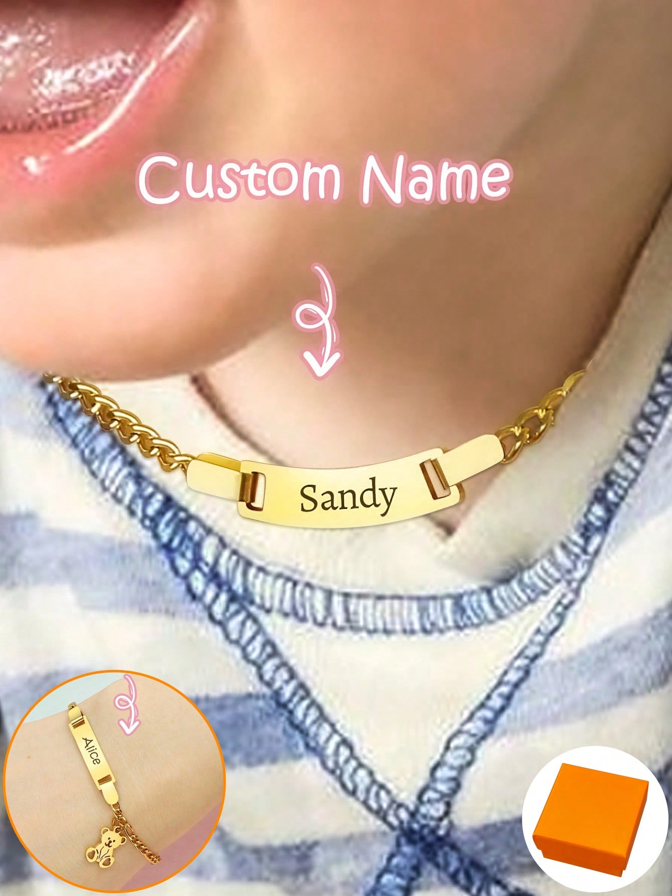 Unisex Custom Name Necklace & Bracelet Set, Bear Butterfly Personalized Jewelry Gift