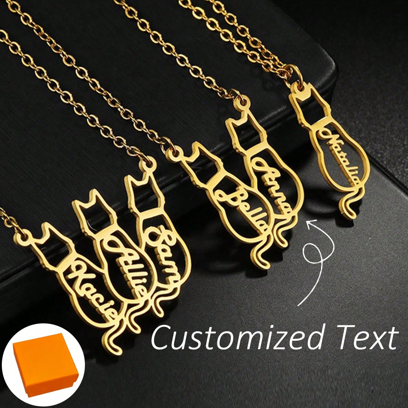 New Titanium Steel DIY Cute Cat Letter Custom Name Necklace & Keychain with Gift Box