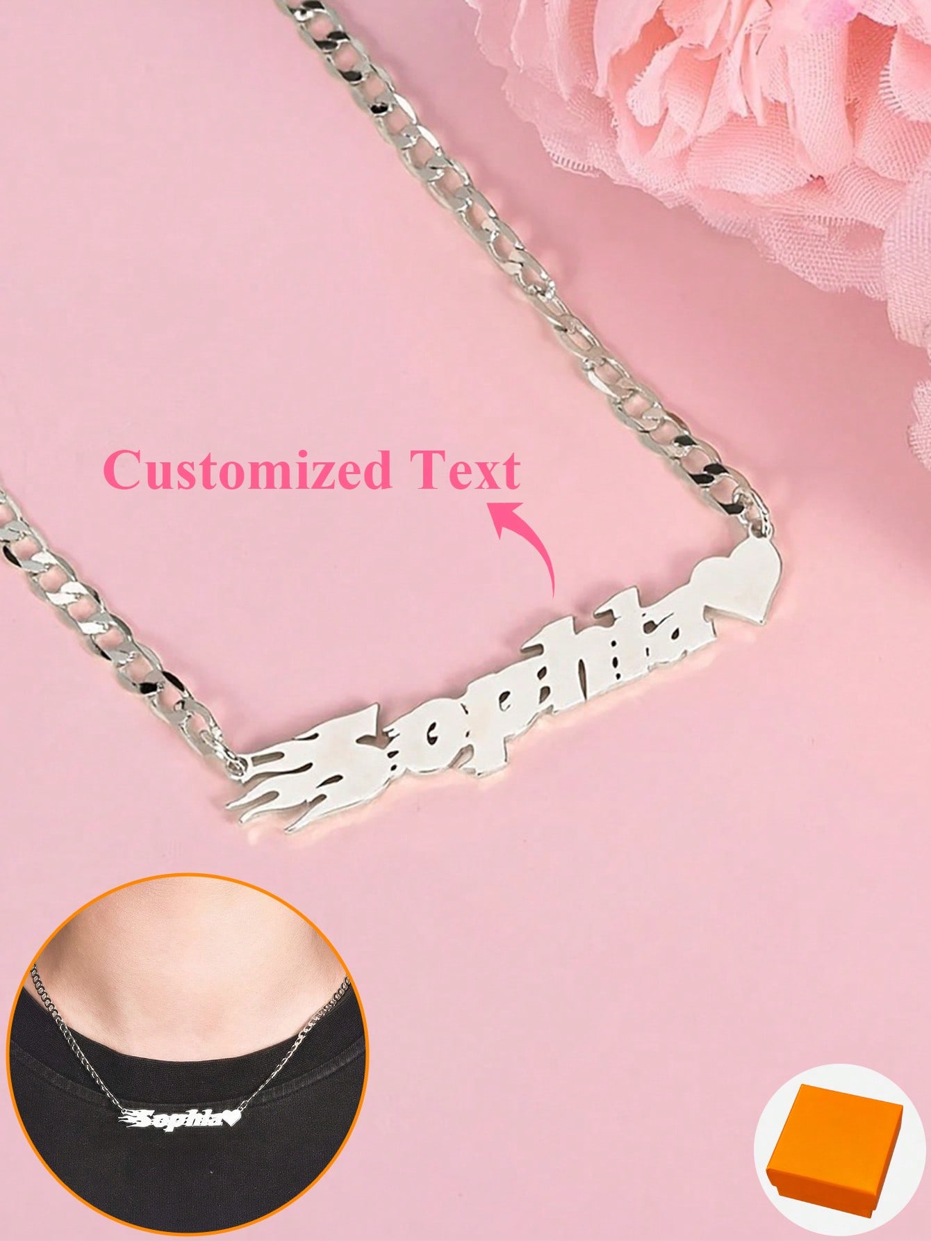 Custom 4MM Cuban Chain Heart Name Necklace Stainless Steel Flame Name Tag Pendant