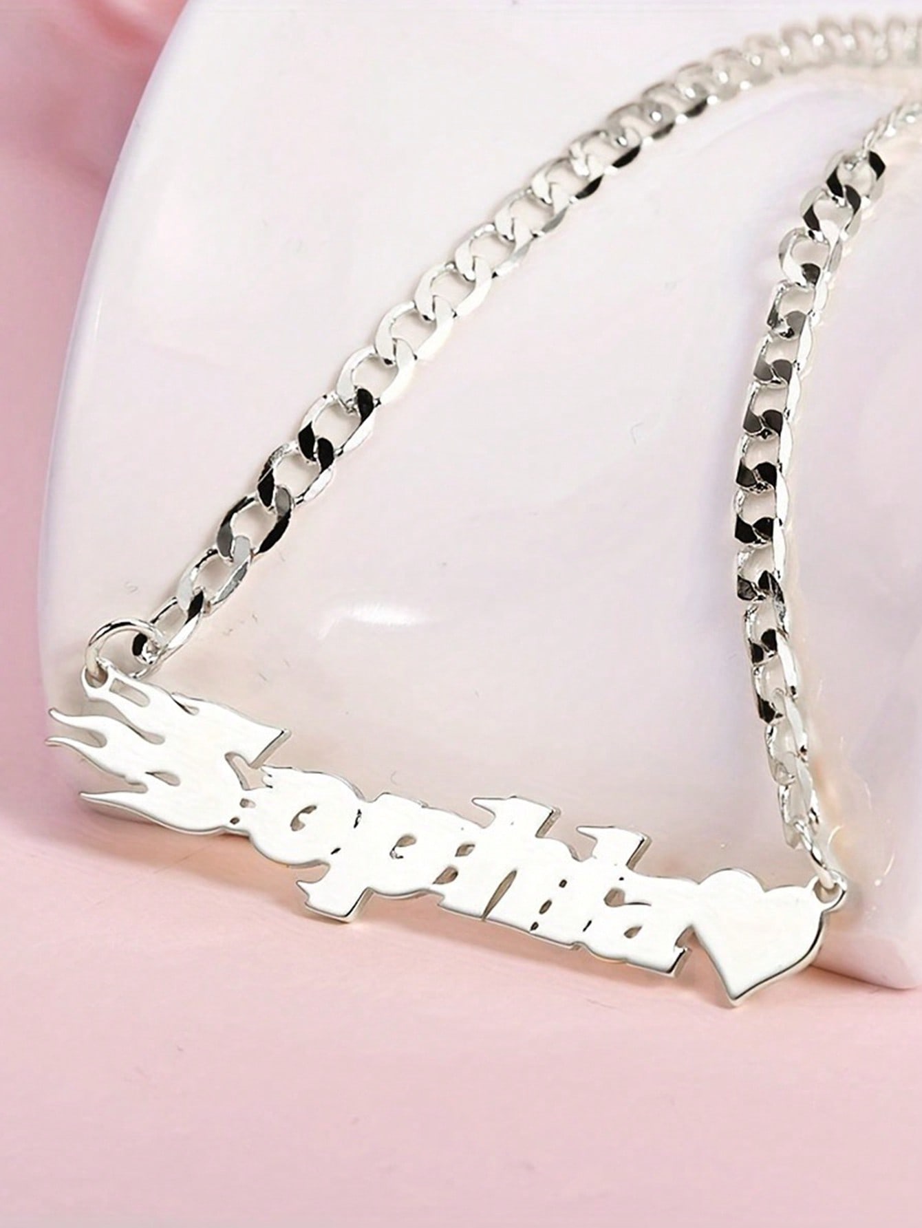 Custom 4MM Cuban Chain Heart Name Necklace Stainless Steel Flame Name Tag Pendant