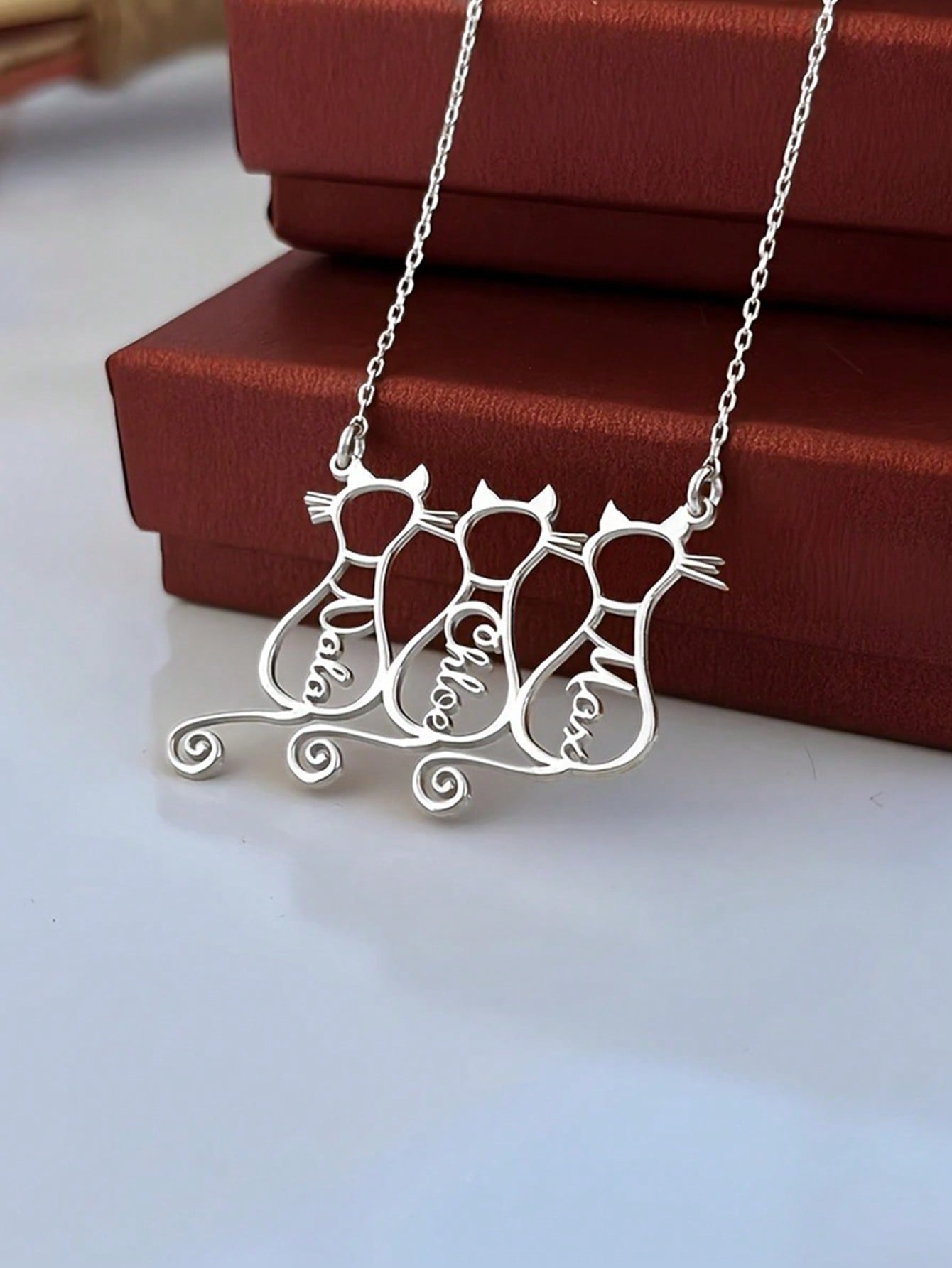Custom Cat Name Necklace, Three Linked Cats Stainless Steel Jewelry for Pet Lovers