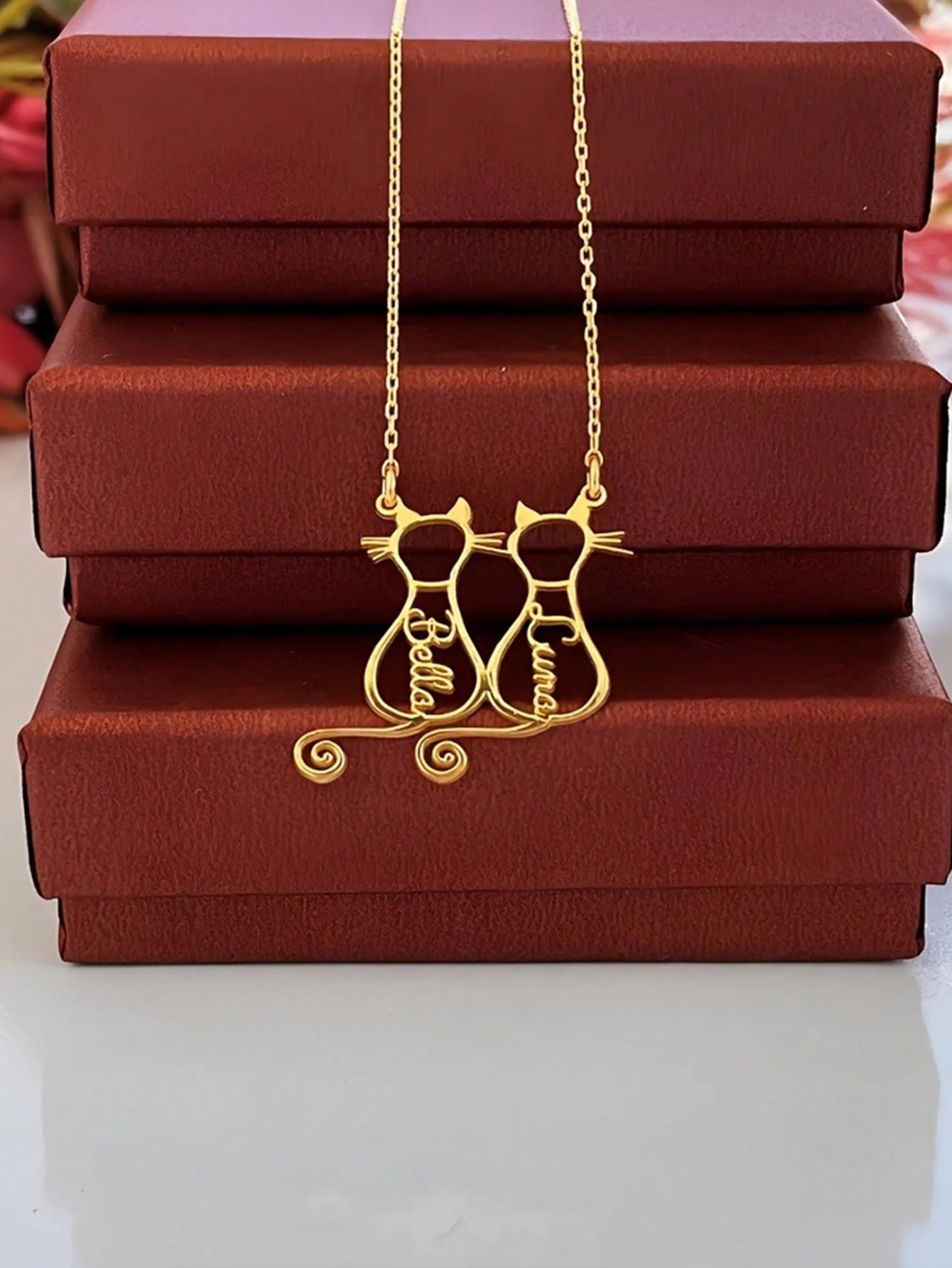 Custom Cat Name Necklace, Three Linked Cats Stainless Steel Jewelry for Pet Lovers