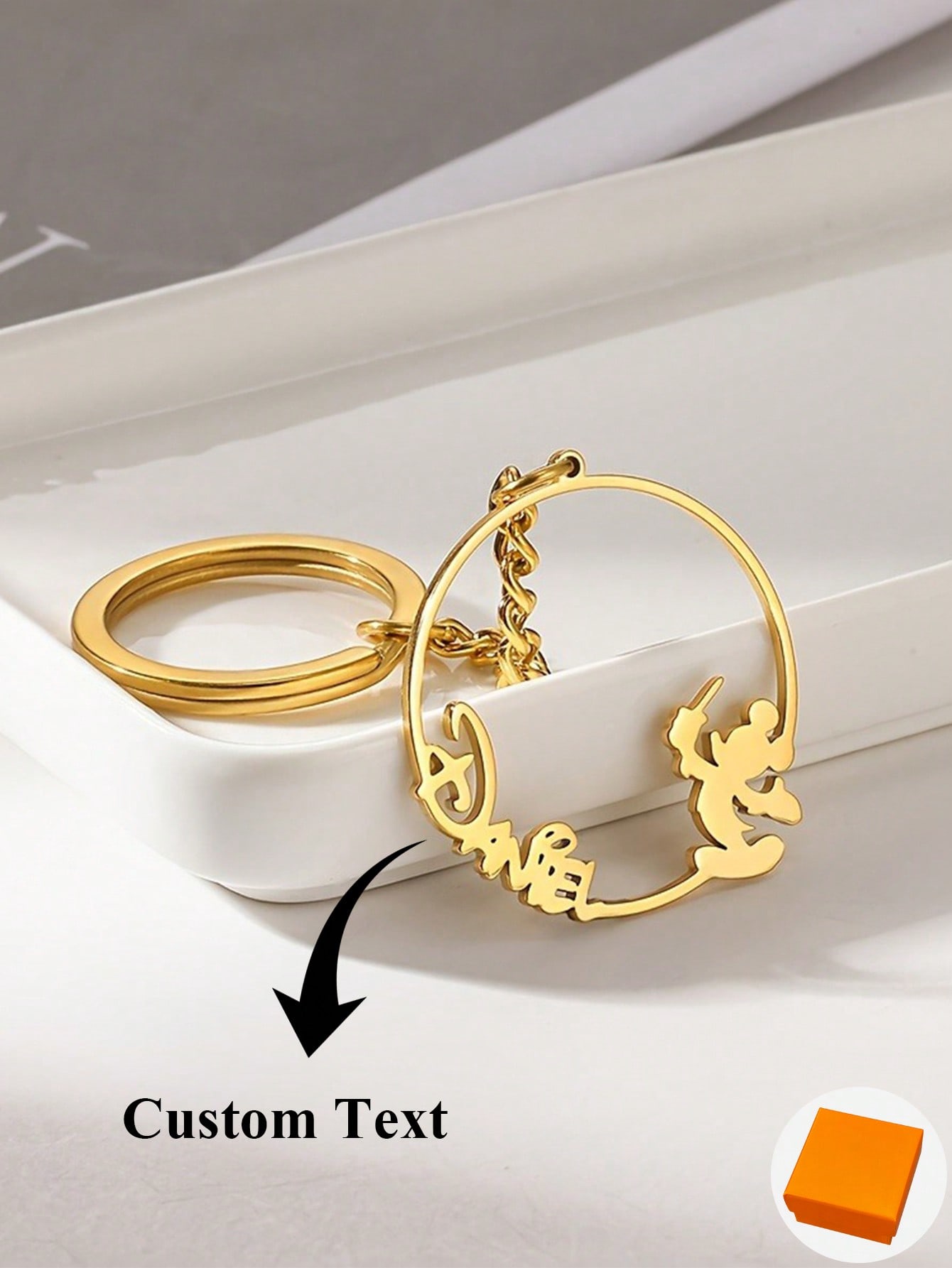 Personalized Cartoon Name Keychain, Gold-Tone Stainless Steel Round Pendant with Animal & Letter Design