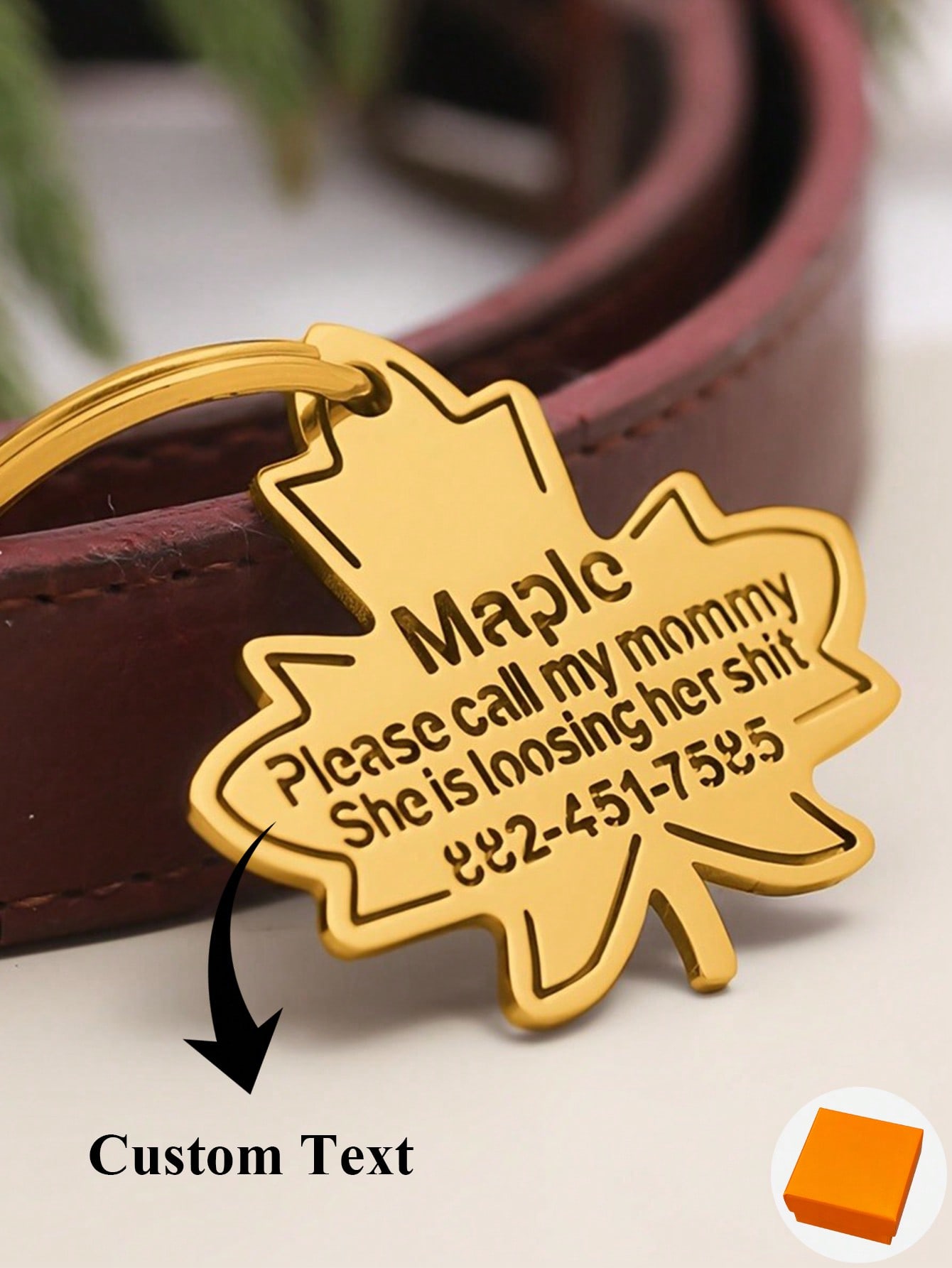 Personalized Maple Leaf Dog Tag Keychain, Stainless Steel Pet ID Pendant with Custom Engraving