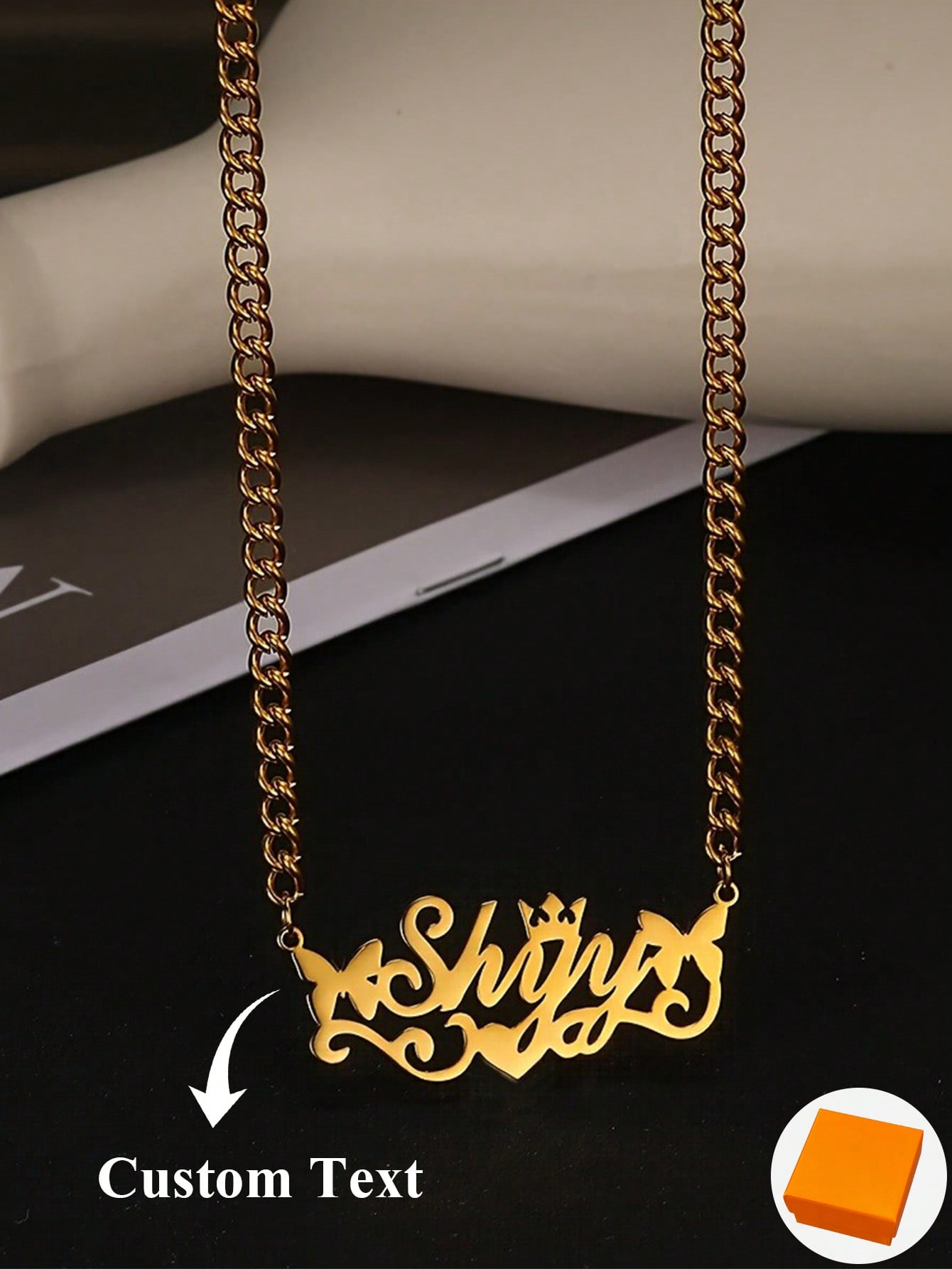 4mm Gold Cuban Link Necklace with Butterfly Wave Heart Pendant, Personalized Stainless Steel Crown Nameplate for Women