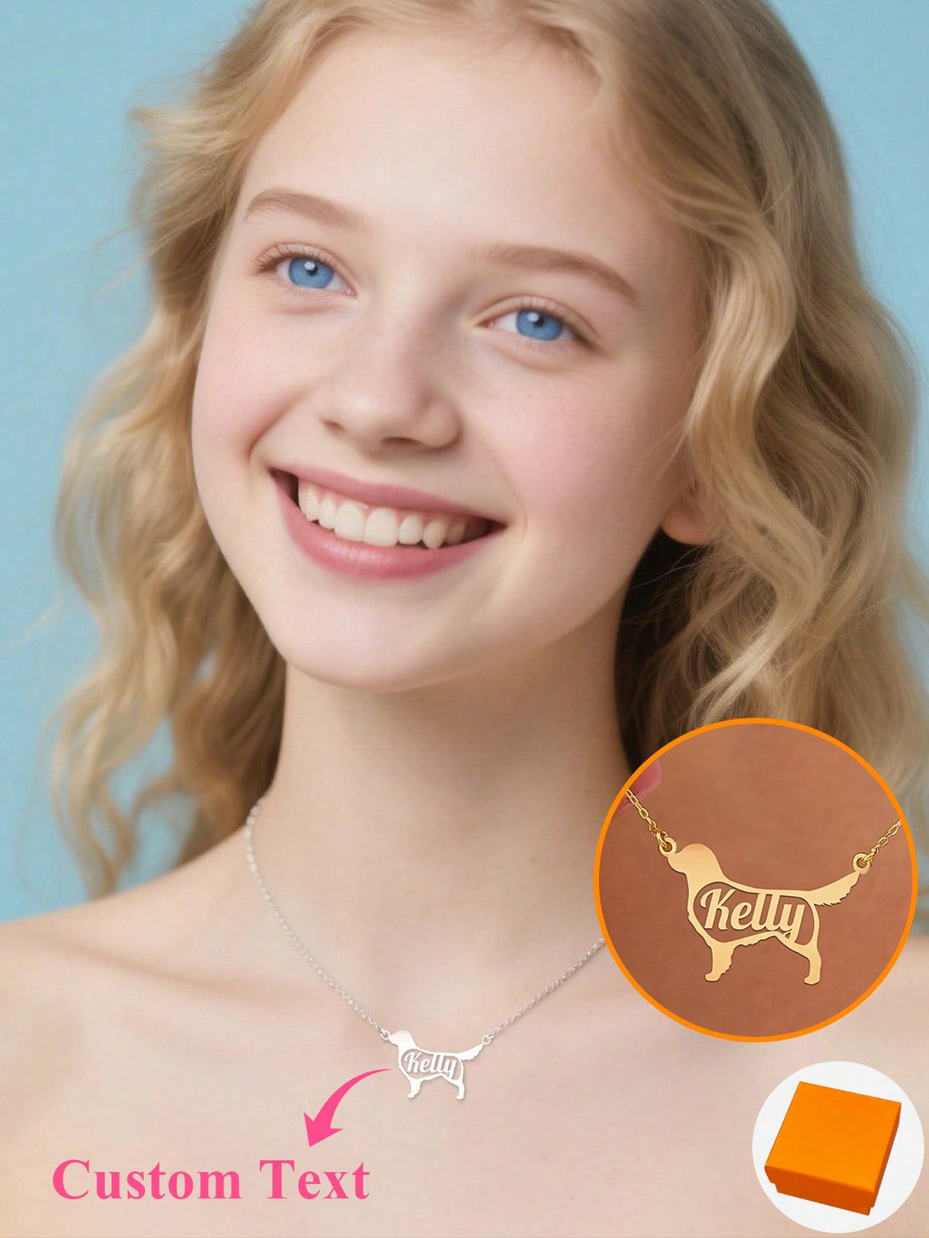 Custom Dog Name Necklace, Gold-Tone Stainless Steel Engraved Fluffy Dog Silhouette Pendant