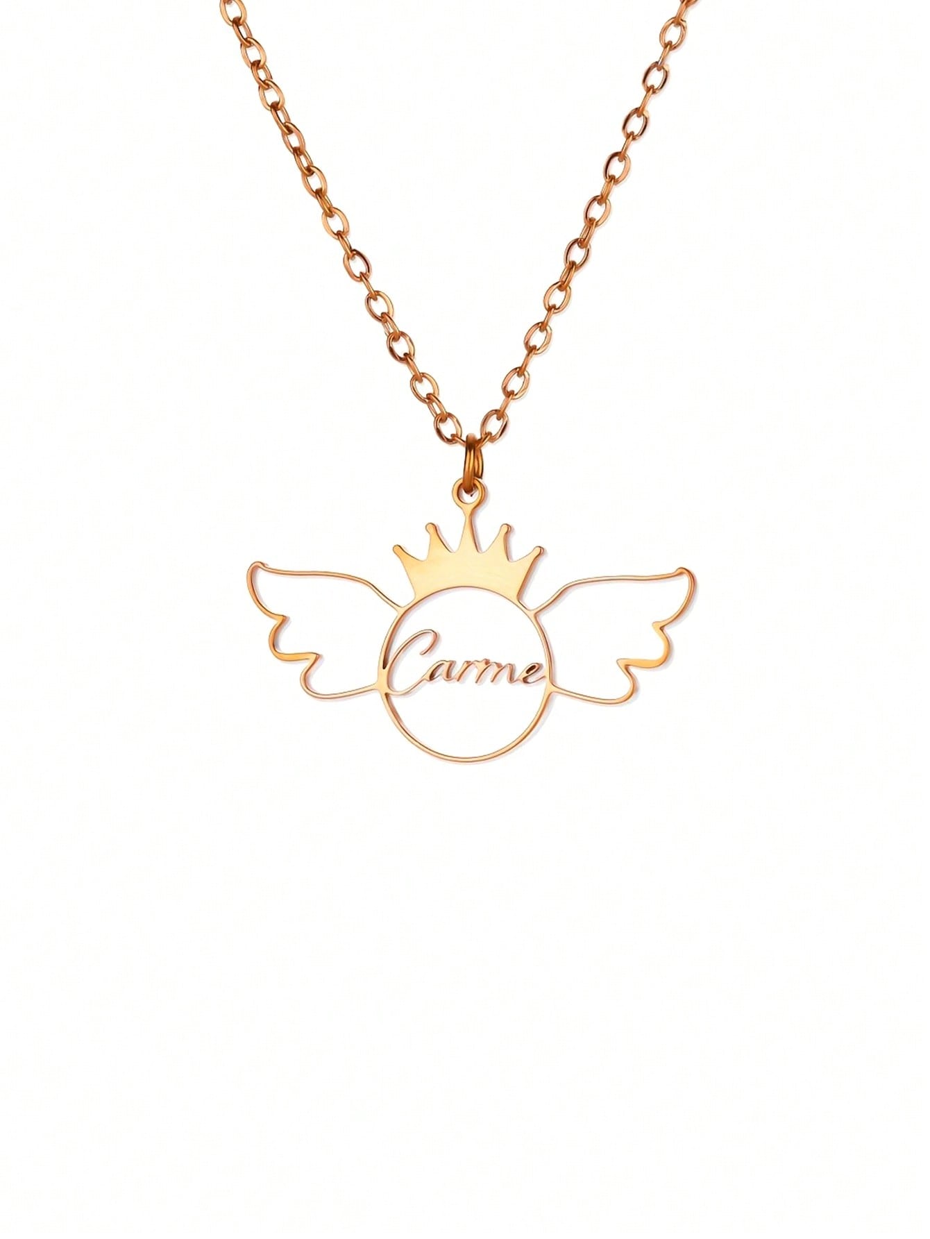 Custom Stainless Steel Heart Necklace With Crown & Wing, Boho Engraved Name Jewelry for Women