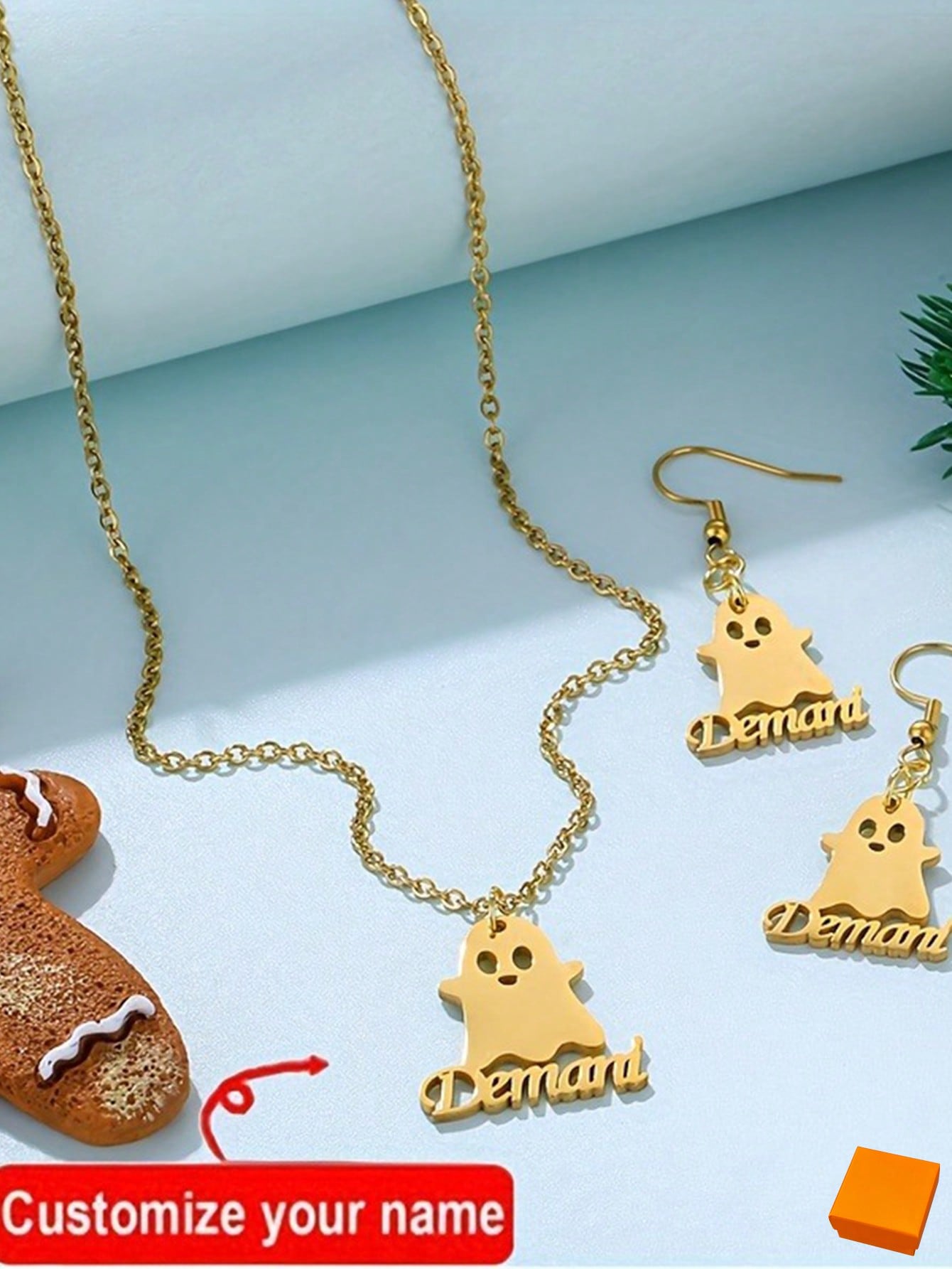 Custom Name Necklace & Earring Set, Stainless Steel Ghost Tag Pendant Halloween Jewelry Gift