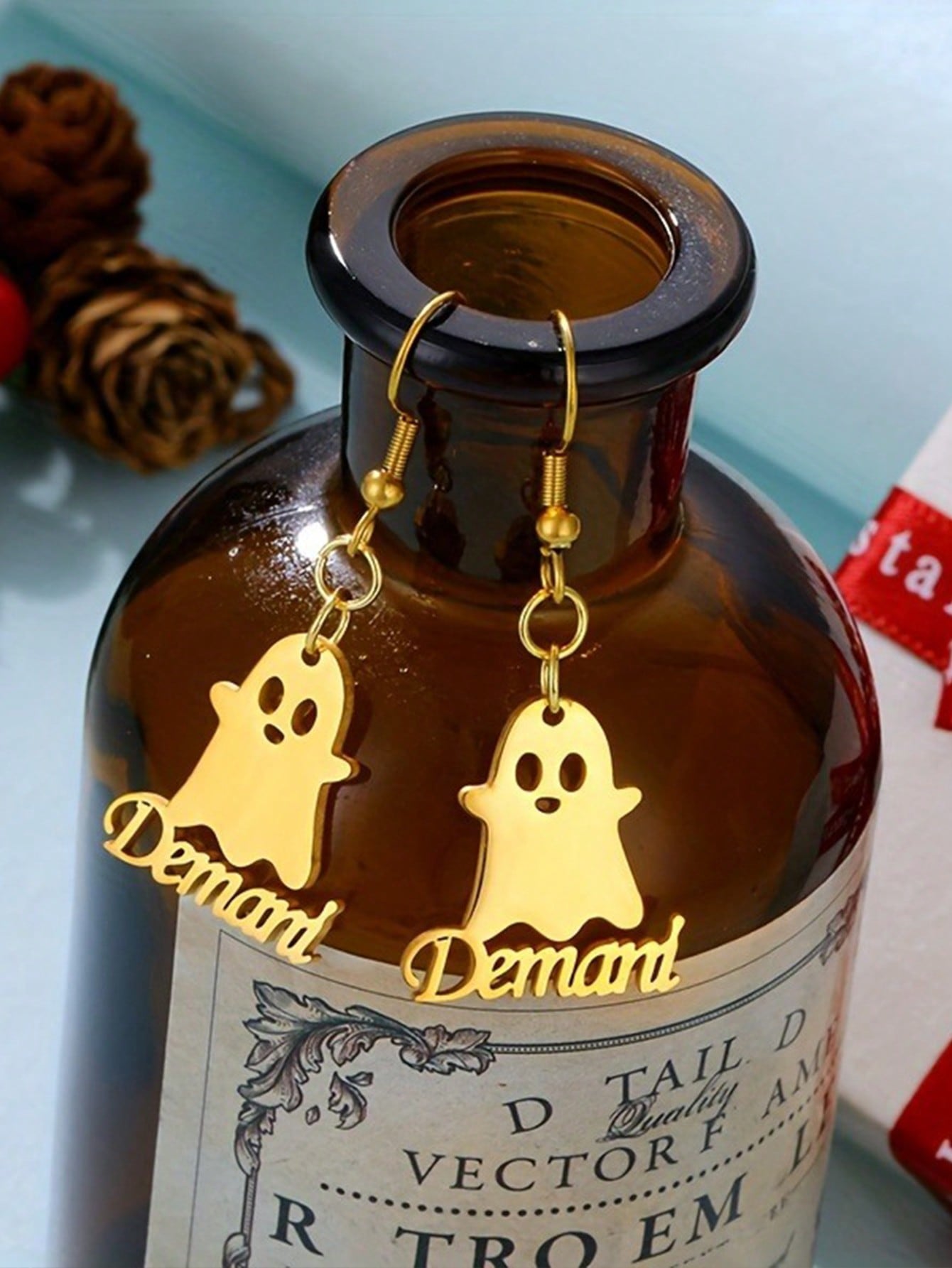 Custom Name Necklace & Earring Set, Stainless Steel Ghost Tag Pendant Halloween Jewelry Gift