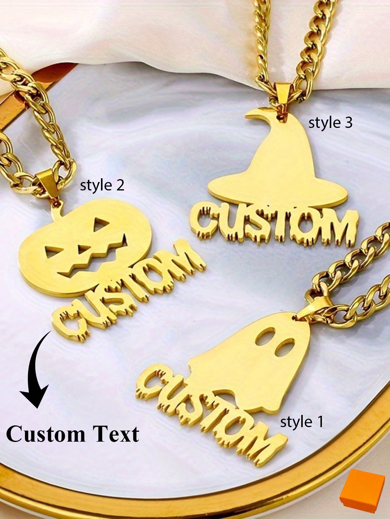 Halloween Necklace, Custom Pumpkin Pendant With Gold Letter, Unisex Gold Tone Party Daily Jewelry