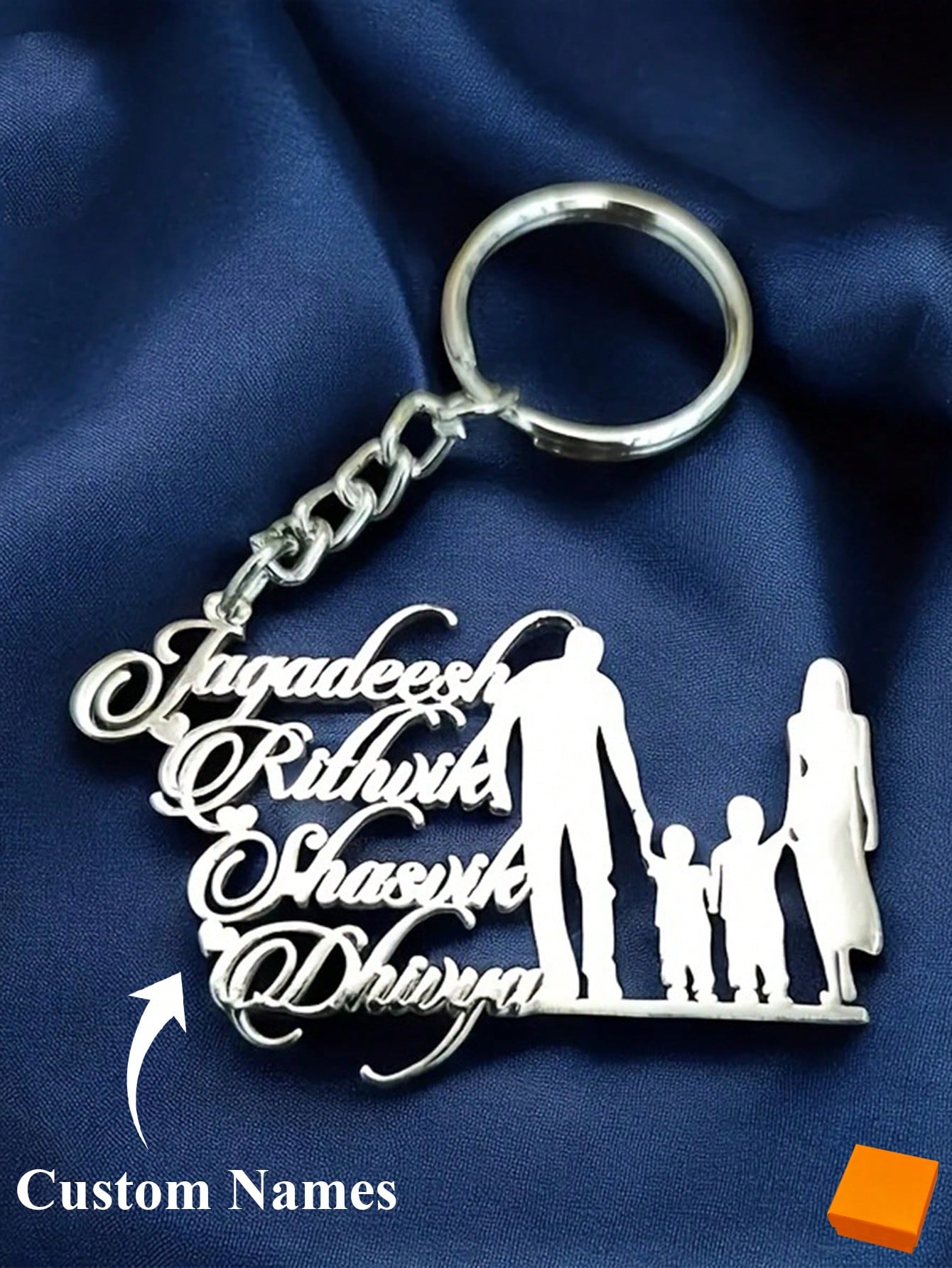 Custom Stainless Steel Last Name Keychain, Engraved Cursive Letter Family Silhouette Key Ring