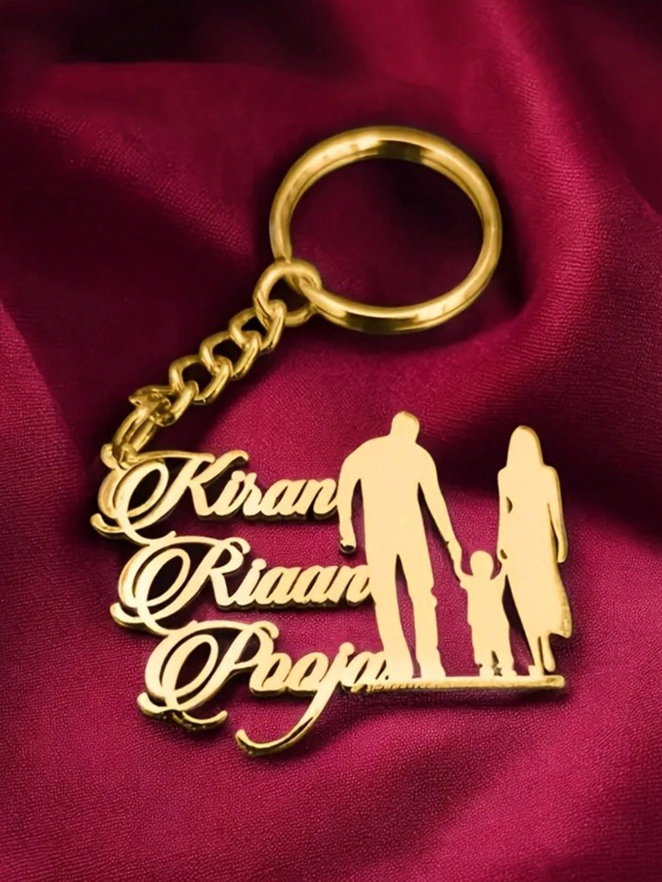 Custom Stainless Steel Last Name Keychain, Engraved Cursive Letter Family Silhouette Key Ring