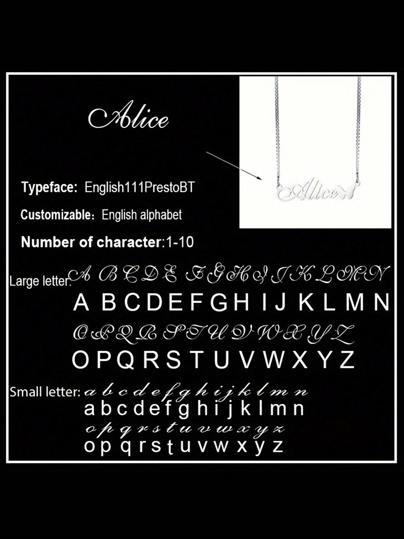 Personalized Alice Butterfly Pendant Necklace, Stainless Steel Box Chain Custom Nameplate Jewelry