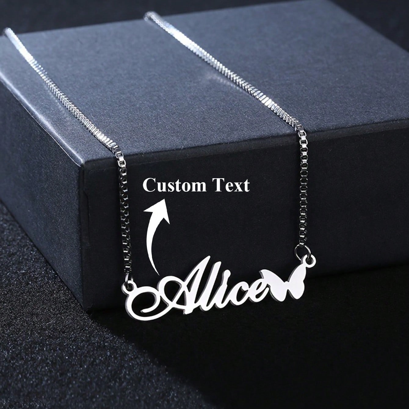 Personalized Alice Butterfly Pendant Necklace, Stainless Steel Box Chain Custom Nameplate Jewelry