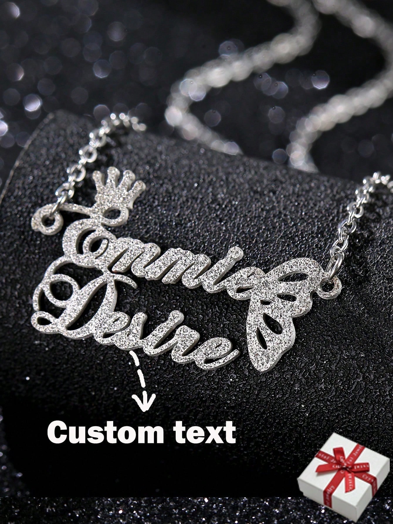 Custom Couple Crown Name Necklace, Stainless Steel Matte Butterfly Pendant Jewelry Gift