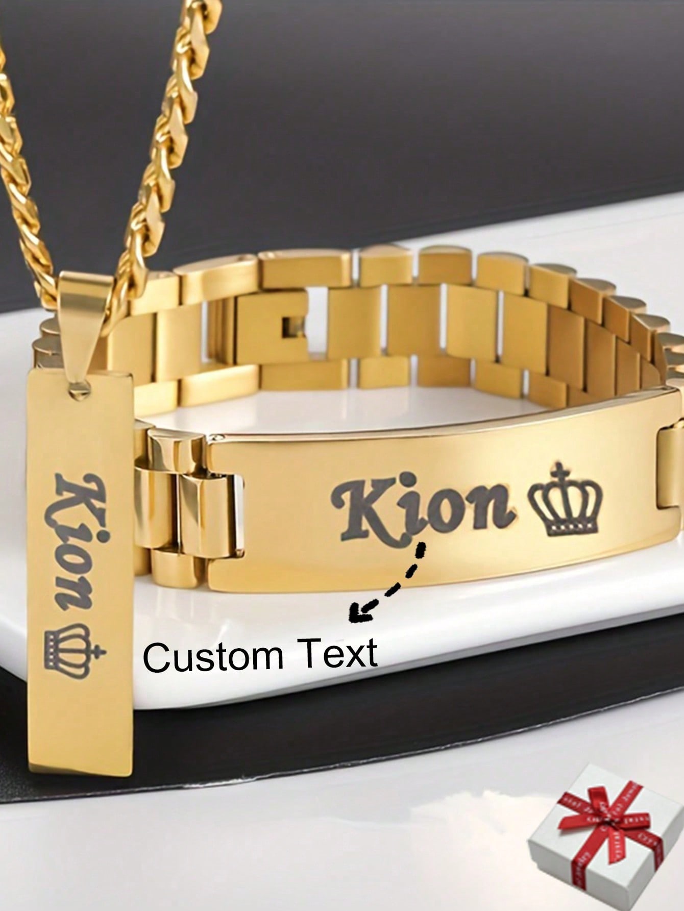 Custom Engraved Necklace & Bracelet Set,10mm Tank Chain with Insignia Pendant for Boys Girls
