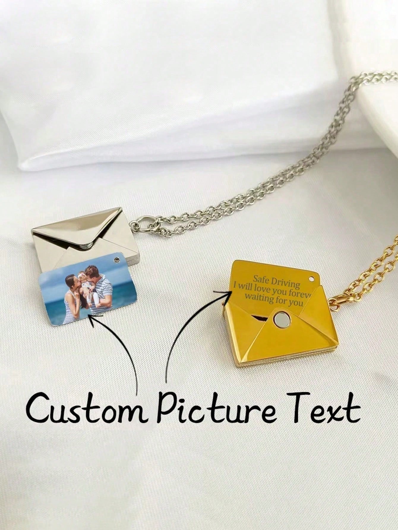 Custom Photo Engraved Necklace, Square Stainless Steel Pendant with Hidden Message for Women Gift